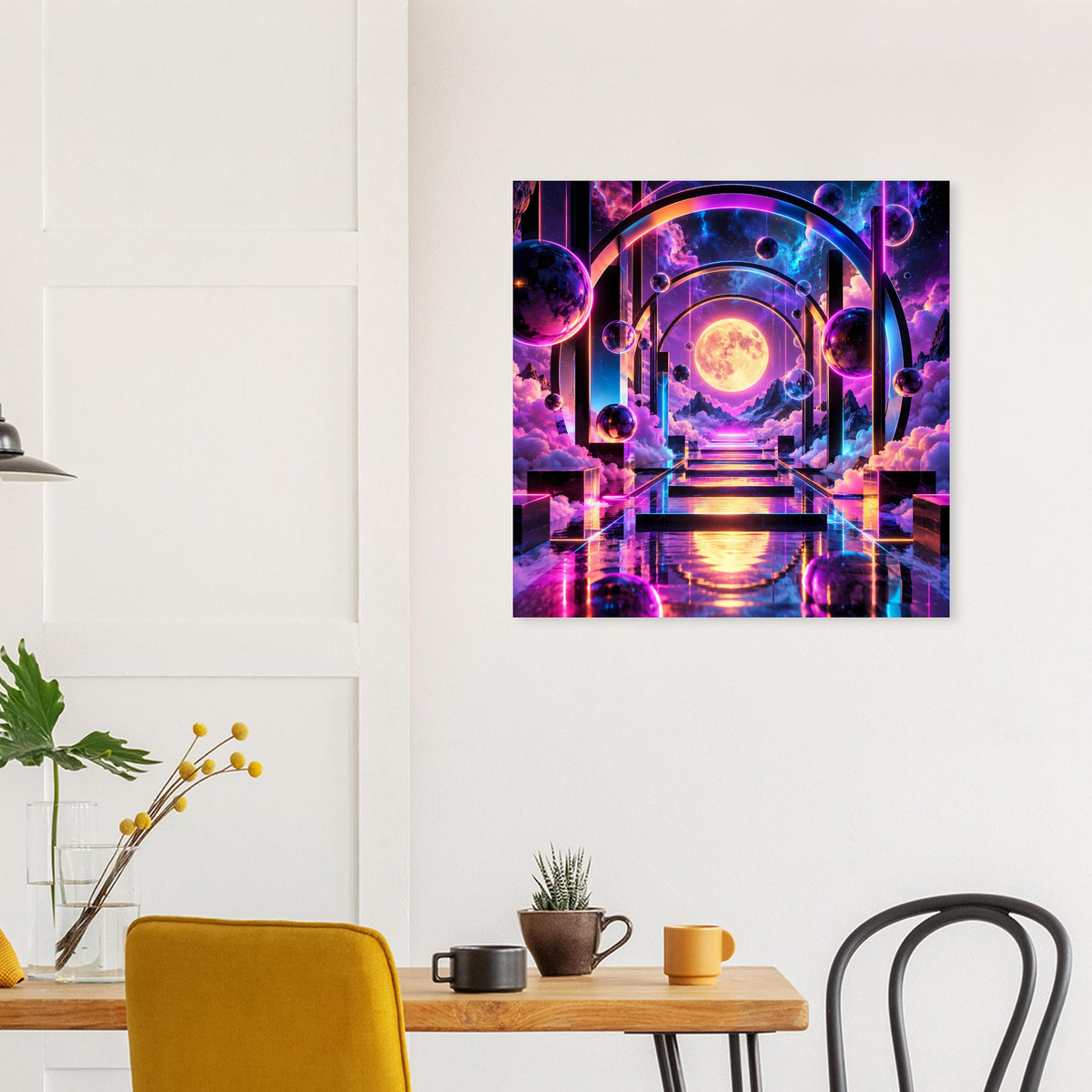 Poster mit Weltraum-Sci-Fi-Portal: glühender Planet in der Mitte, violette und blaue Akzente