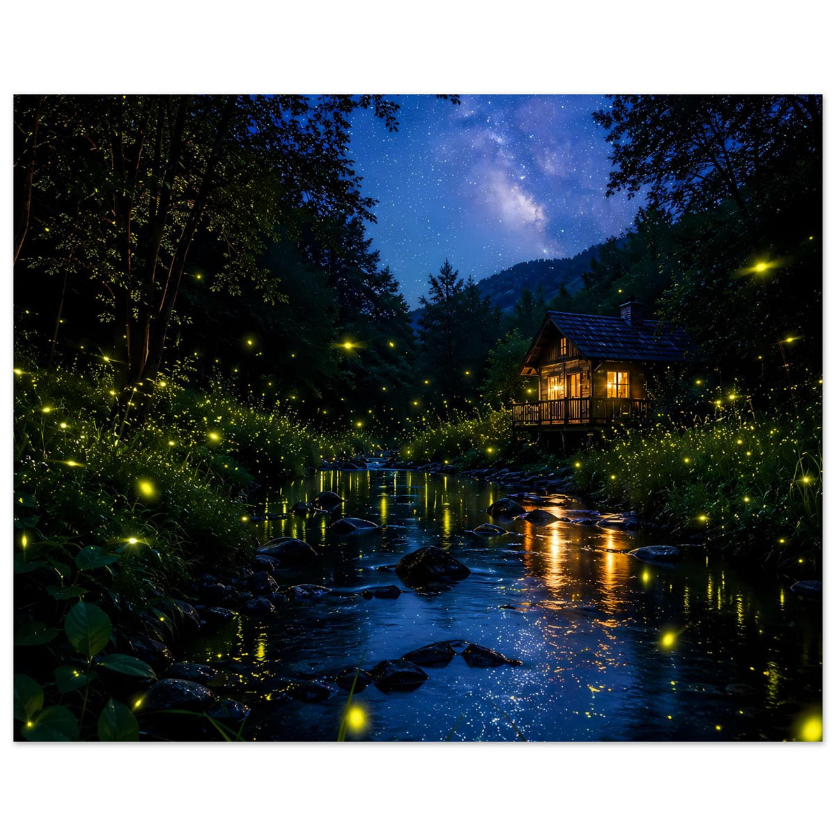 Horizontales Poster: Nachtwald am Bach, beleuchtete Hütte und Glühwürmchen-Licht