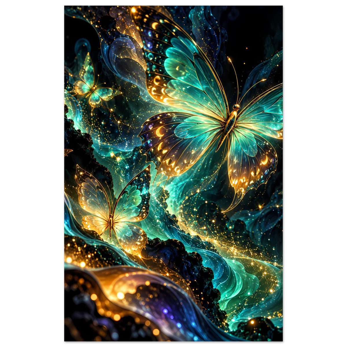 Schmetterlingsposter mit blau-grünen Schmetterlingen, zentrale Flügel und goldene Lichtpunkte im Motiv