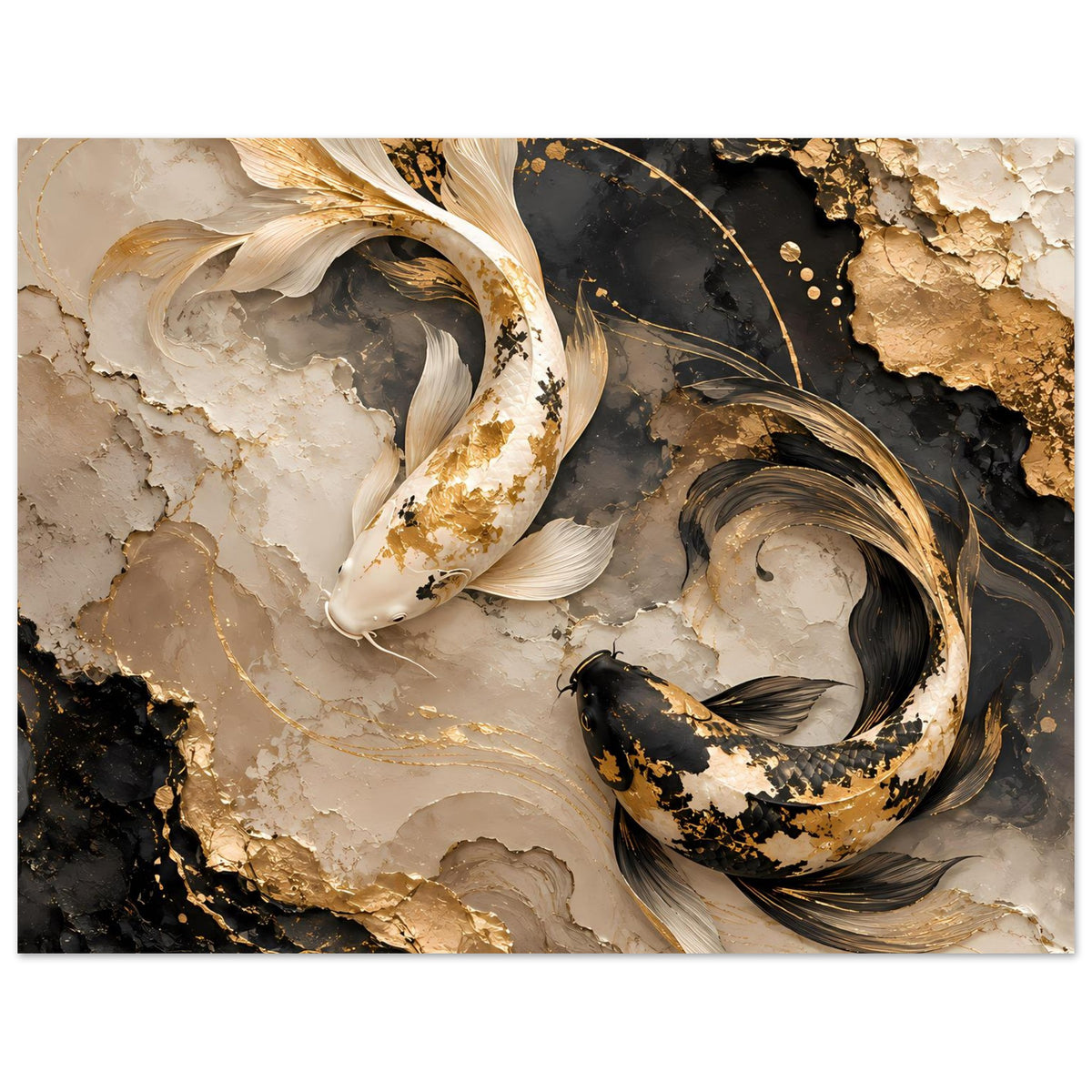 Kunstposter mit goldenen und schwarzen Koi-Fischen auf beigem Marmormuster, goldene Punkte