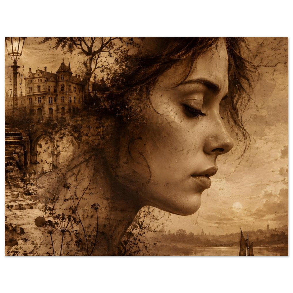 Horizontales Sepia-Poster: Frauenprofil im Profil, geschlossene Augen, Stadt und Fluss