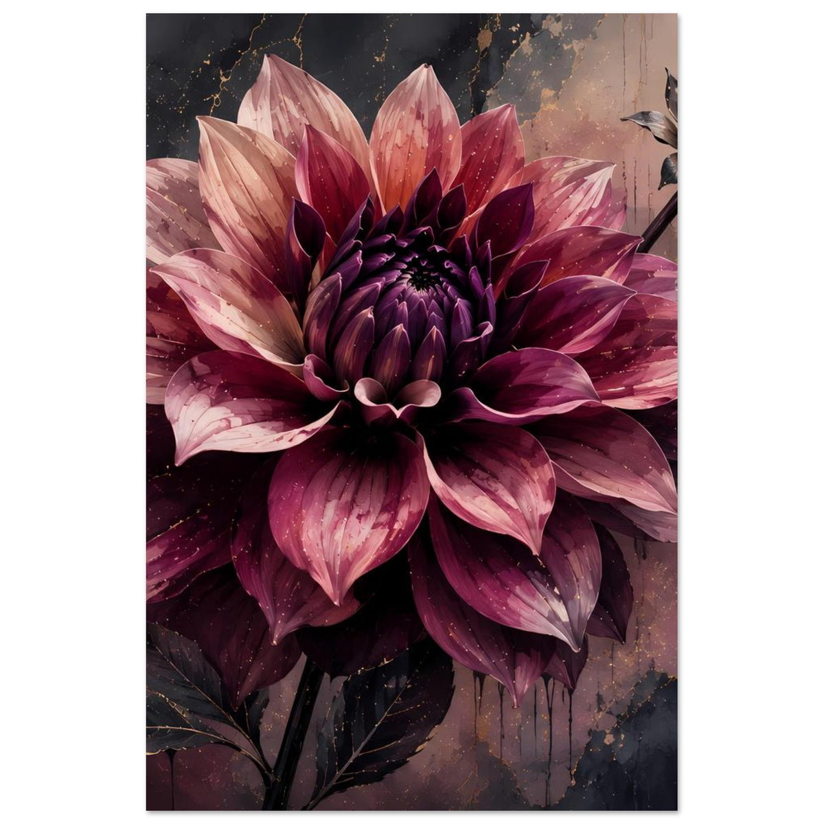 Blumenposter mit Dahlie in Dunkelviolett und Rosatönen, feine goldene Adern im Design