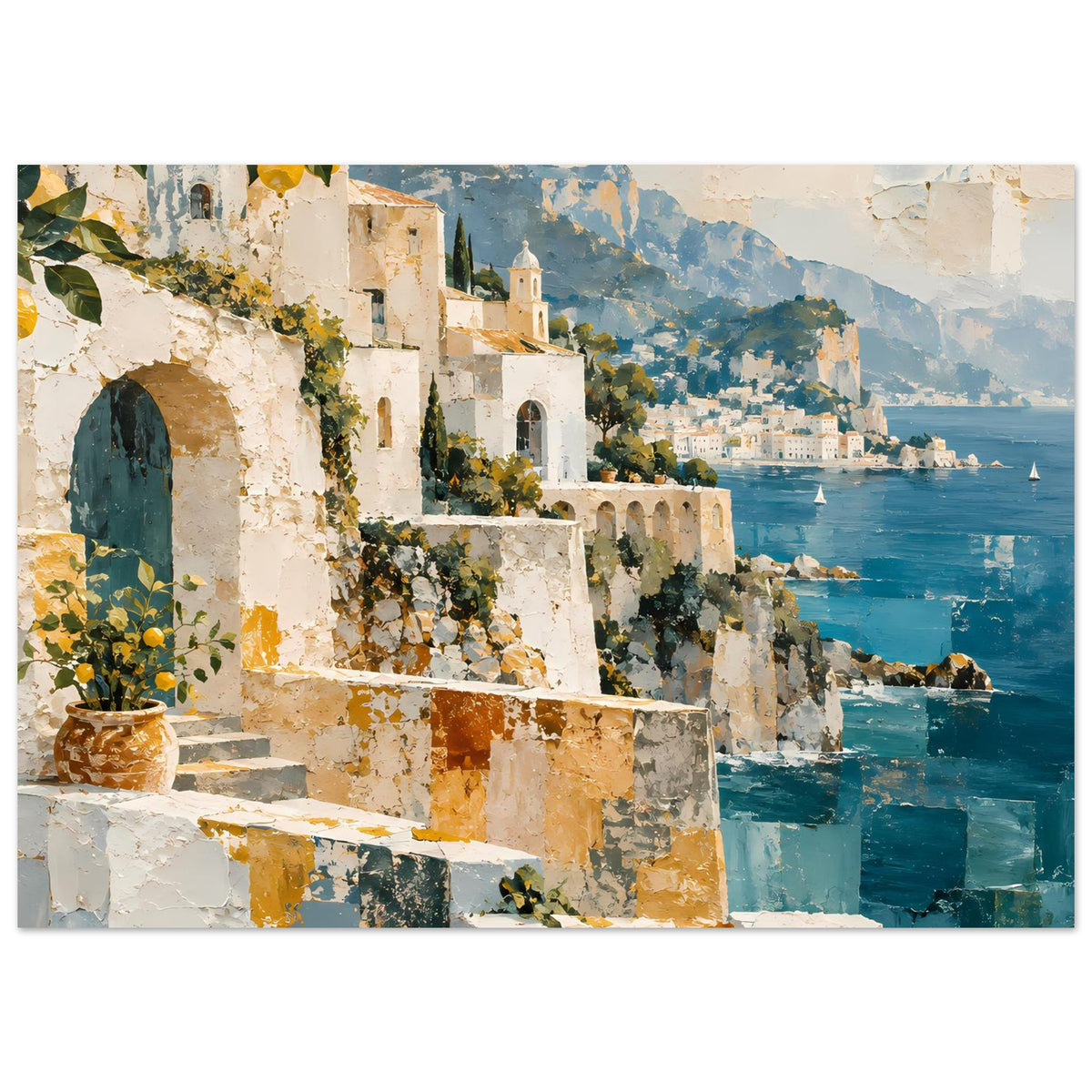 Kunstposter mit Küstenweg, großen Zitronenblättern und türkisblauem Meer unter Bergen