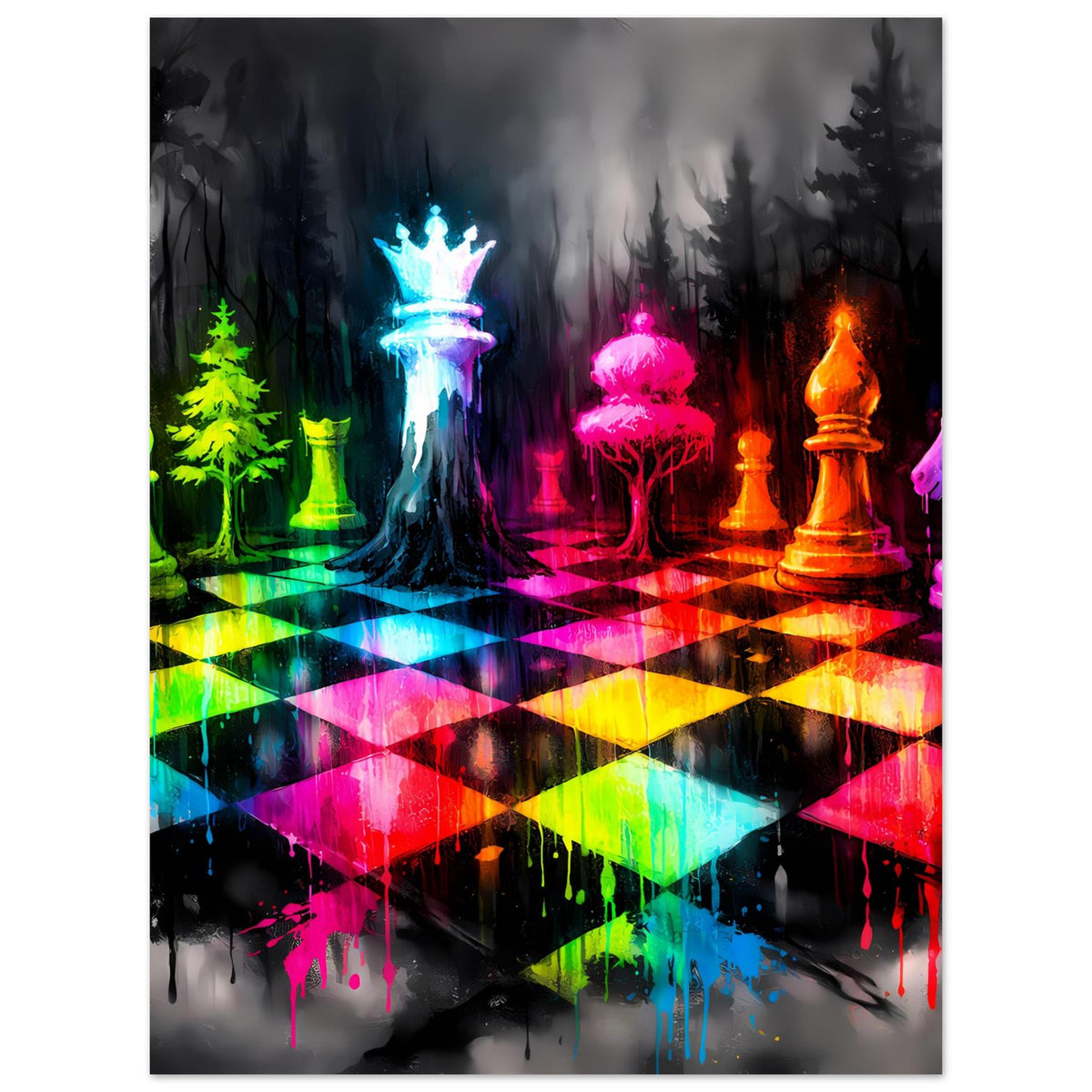 Schachspiel-Poster mit Neon-Schachfiguren, leuchtendem Schachbrett und dramatischem Figurenbild