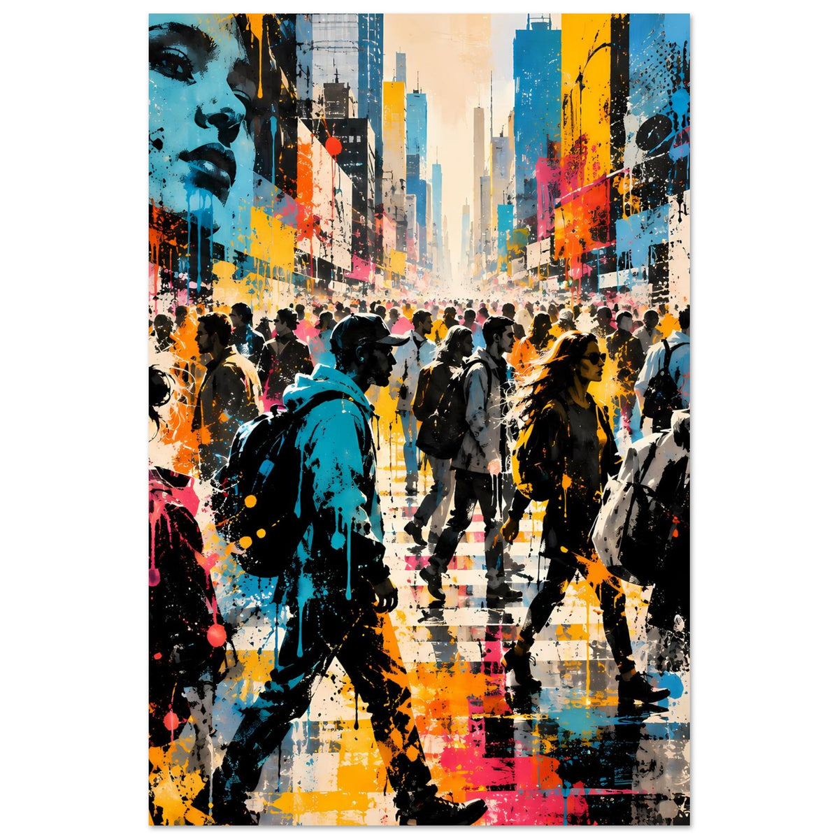Streetart-Poster im Hochformat: bunte Skyline, Menschenmenge und graffitiartige Farbflächen