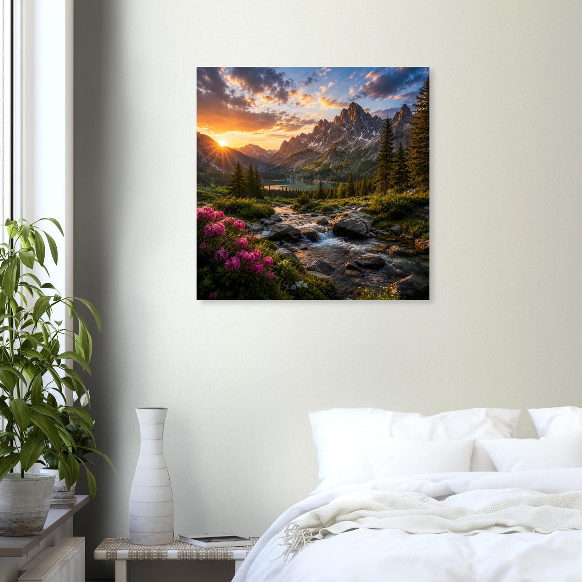 Poster im Schlafzimmer: Bergtal bei Sonnenuntergang mit Bach und Fichten im schwarzen Rahmen