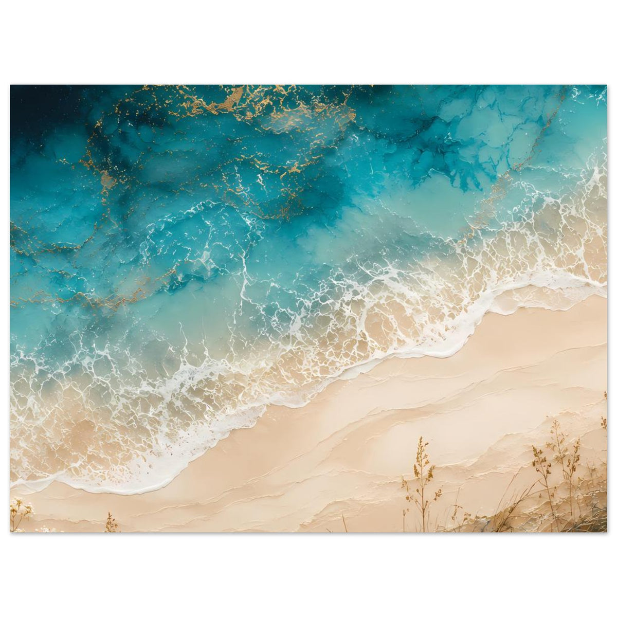 Küstenposter im Querformat mit türkisblauem Meer, weißer Brandungszone und beigem Sand