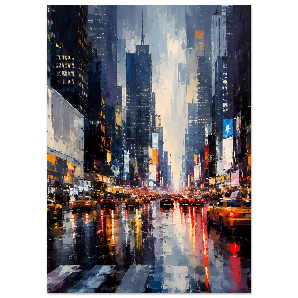 Vertikales Poster mit Skyline und Regenstraße, farbige Lichtpunkte und reflektierende Fahrbahn