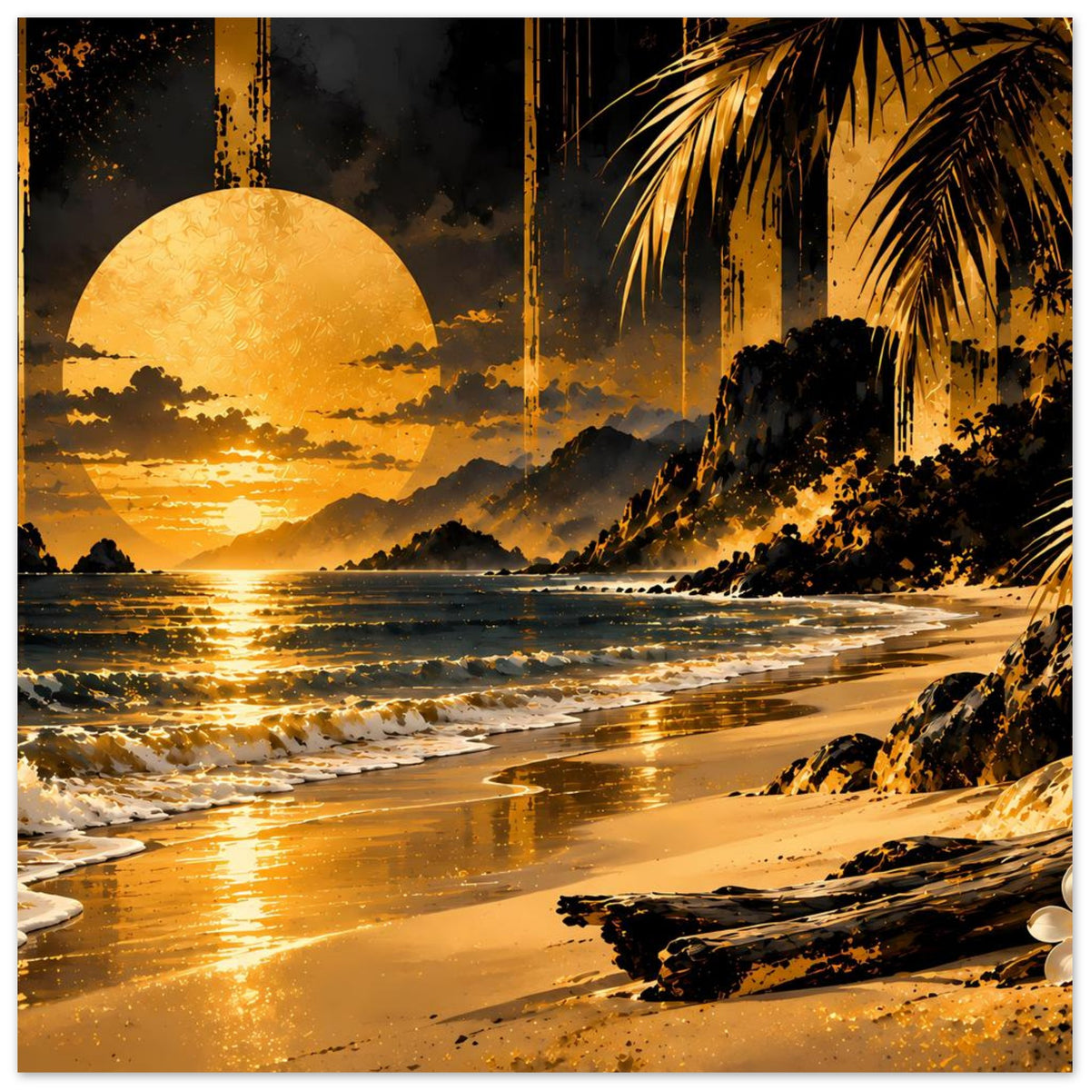 Breites Poster: goldene Abendsonne über Strand, Meer, Berge und Palmenblätter