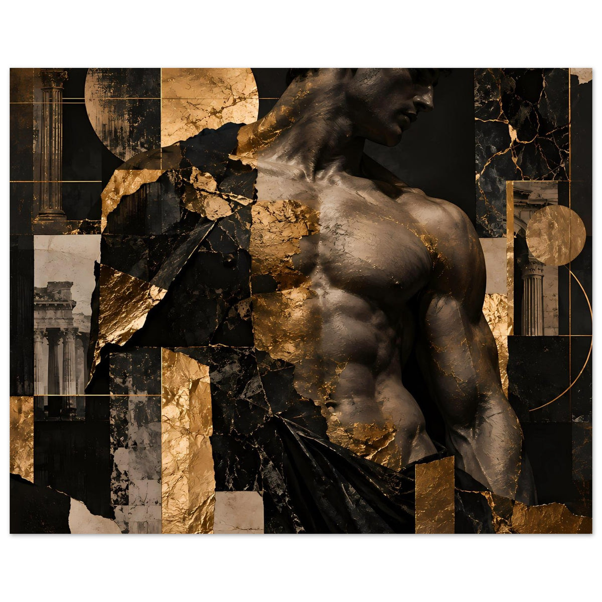 Kunstposter: Skulptur-Oberkörper im Profil, schwarz-goldene Marmorbilder, quer