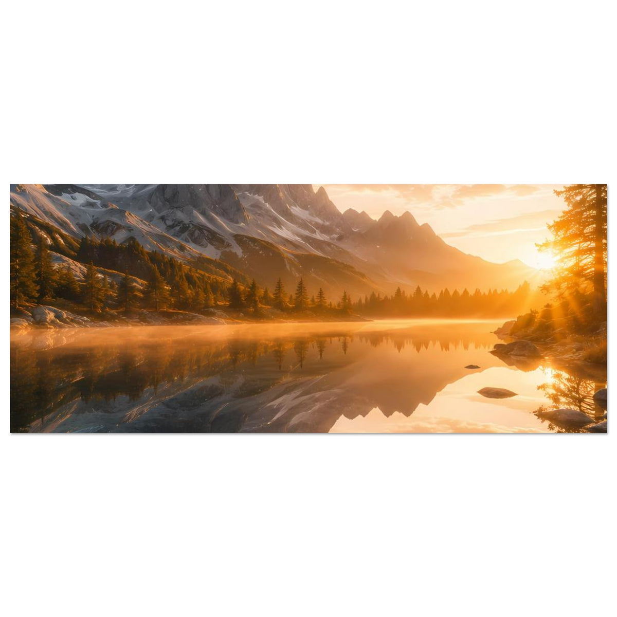 Horizontales Poster mit Bergsee bei Sonnenaufgang, Panoramaansicht und reflektierendes Wasser