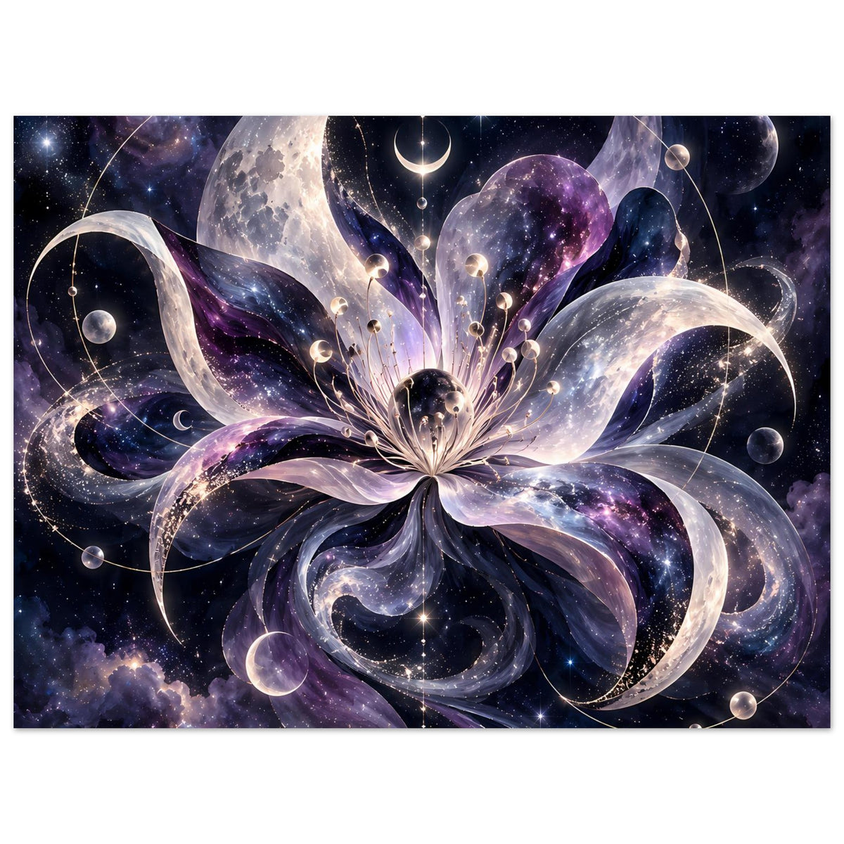 Kosmische Blüte mit Monden, Planeten und Sternen in violett-blauem Weltraum – Motivansicht 29