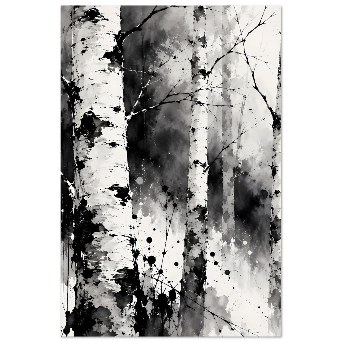 Schwarz-weißes Birch-Wald-Kunstposter mit Baumstämmen und Ästen im Hochformat