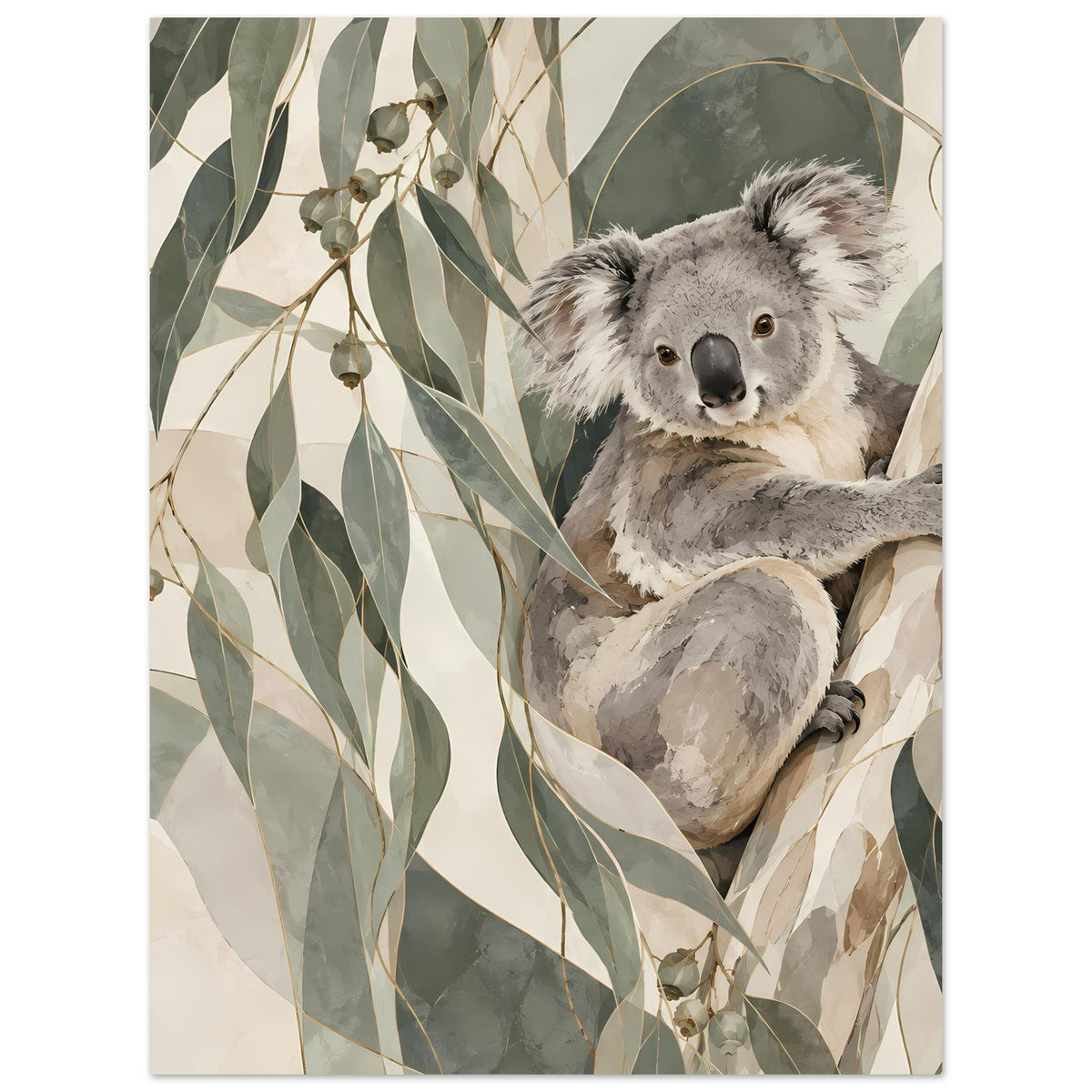 Koala-Tierposter im Hochformat mit grauem Koala-Kopf und Blättern in Erdtönen
