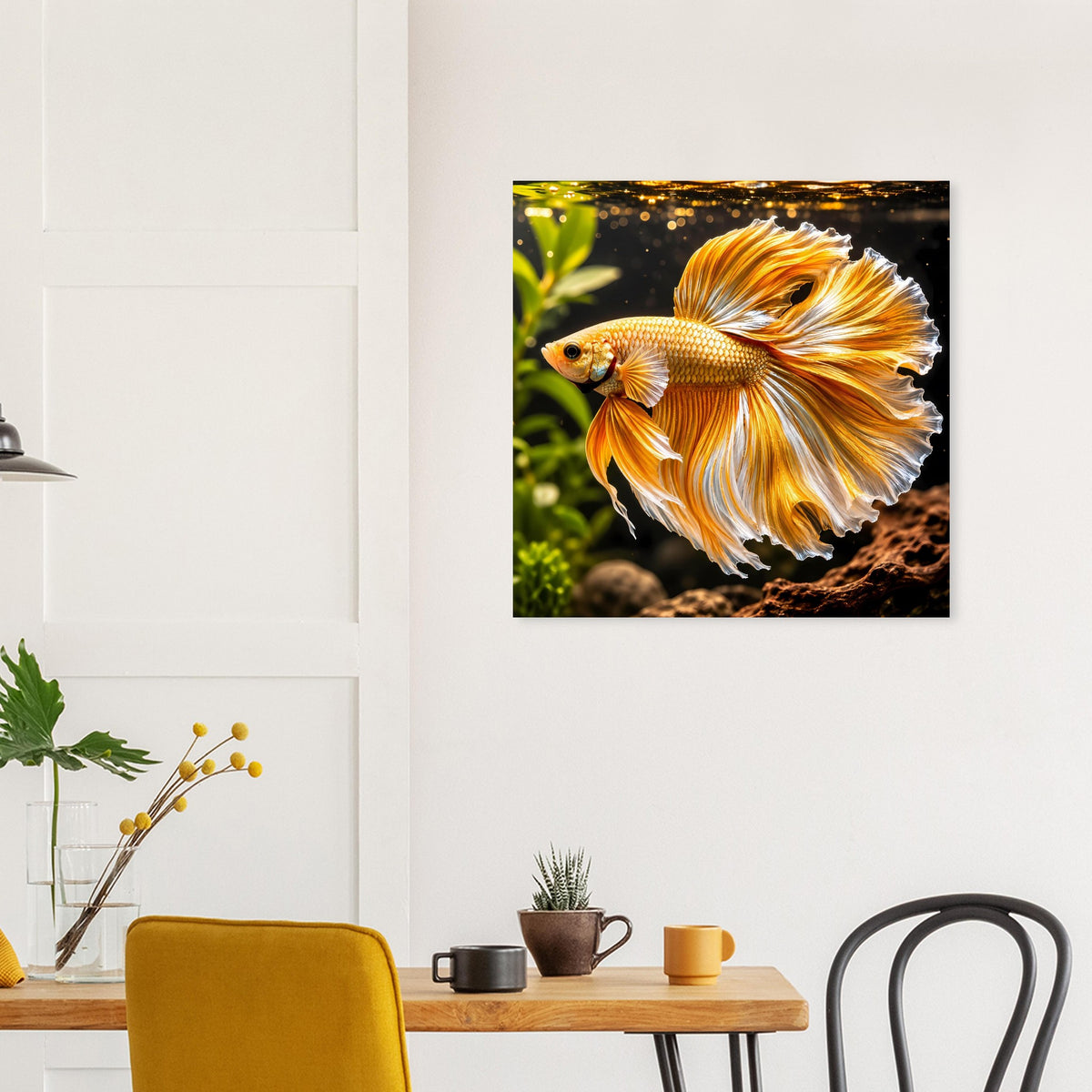 Quadratisches Poster mit gold-orangem Betta-Fisch, ausgebreiteten Flossen im Nahblick.