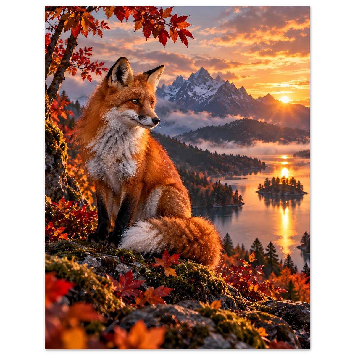 Herbst-Wildnisposter mit rotem Fuchs, orangefarbenen Blättern und ruhigem Bergsee