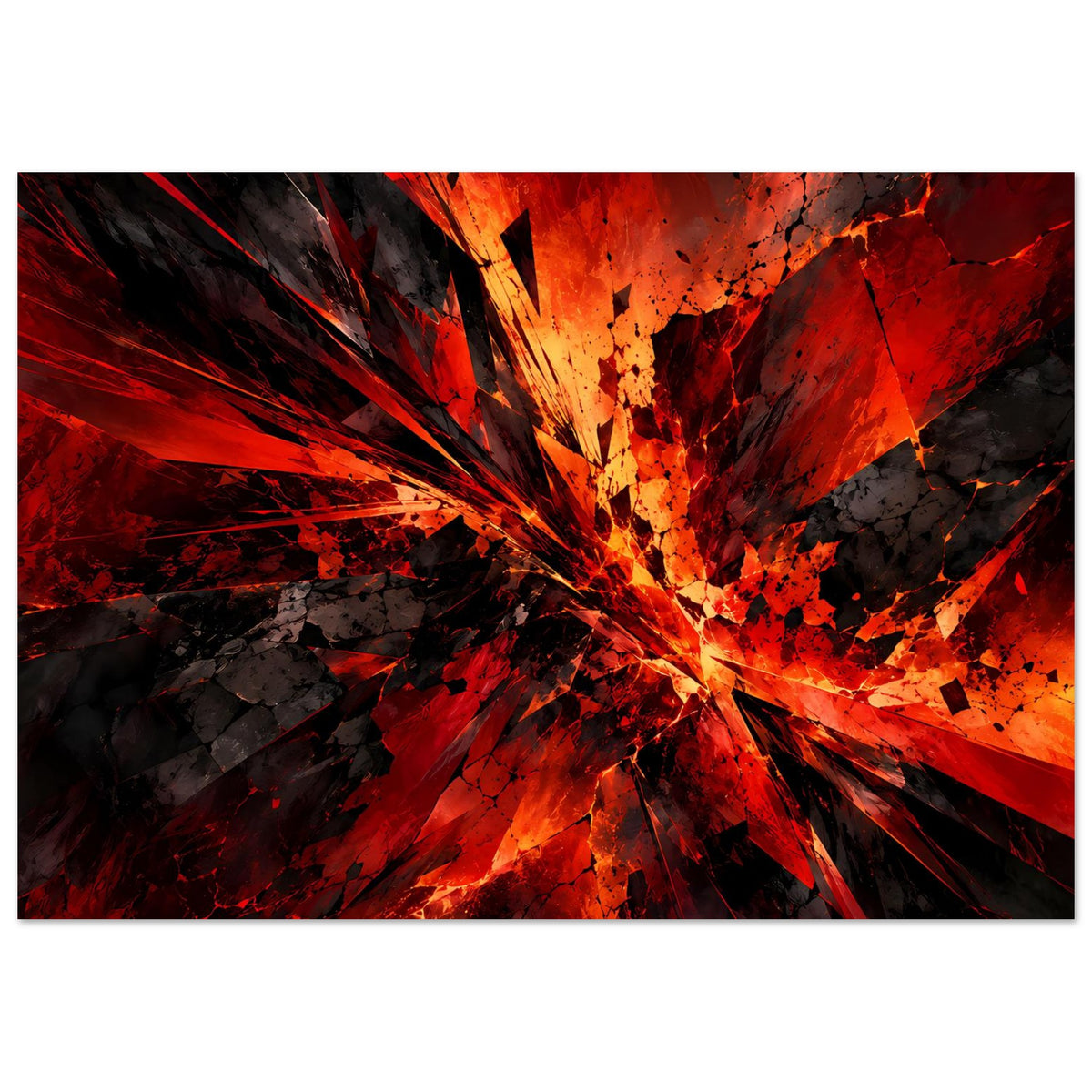 Kunstposter mit explosivem Strahlenmuster in Rot, Schwarz und Orange, gerahmt
