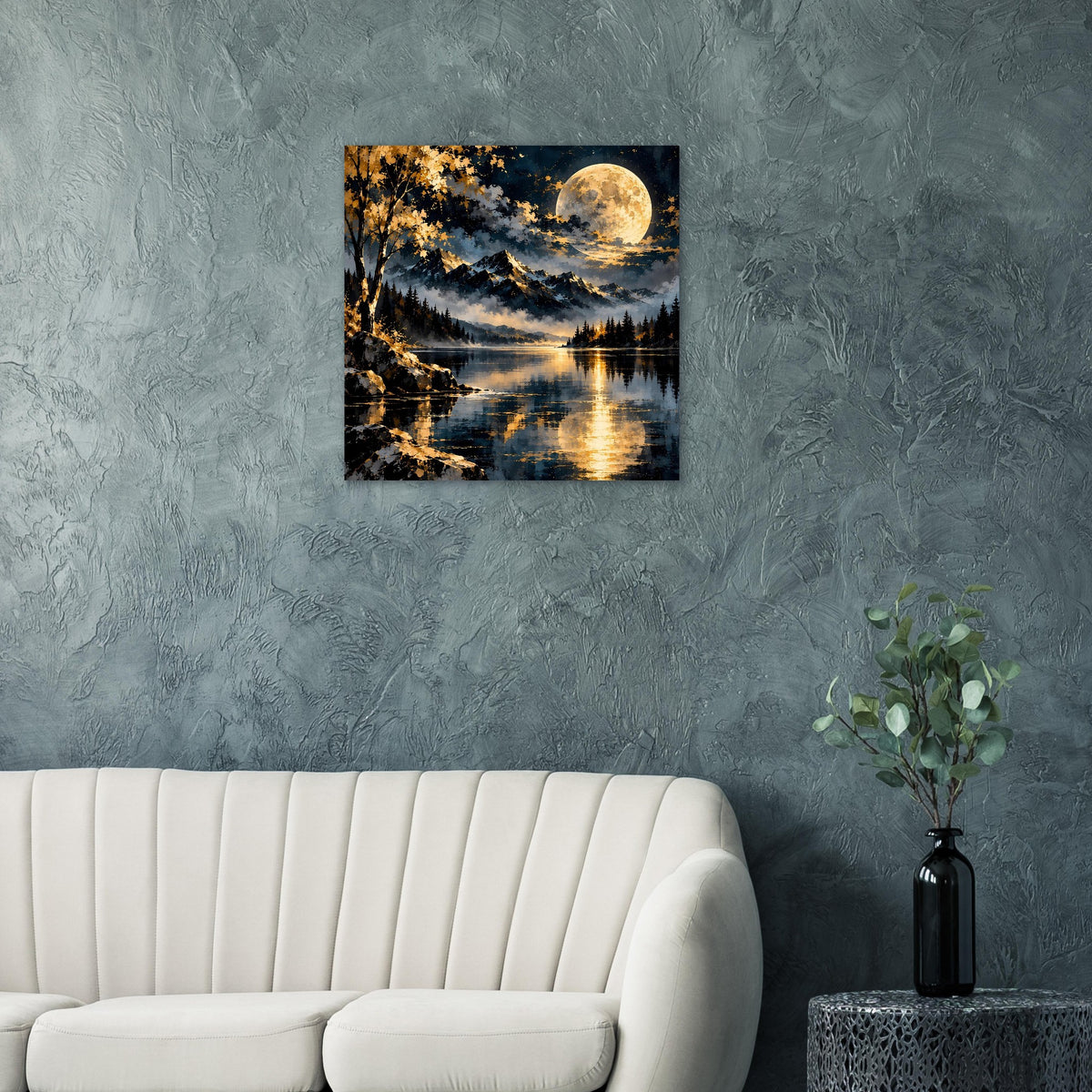 Kleines Wandposter im Landschaftsstil: Mond über See, Berge und goldene Baumkronen