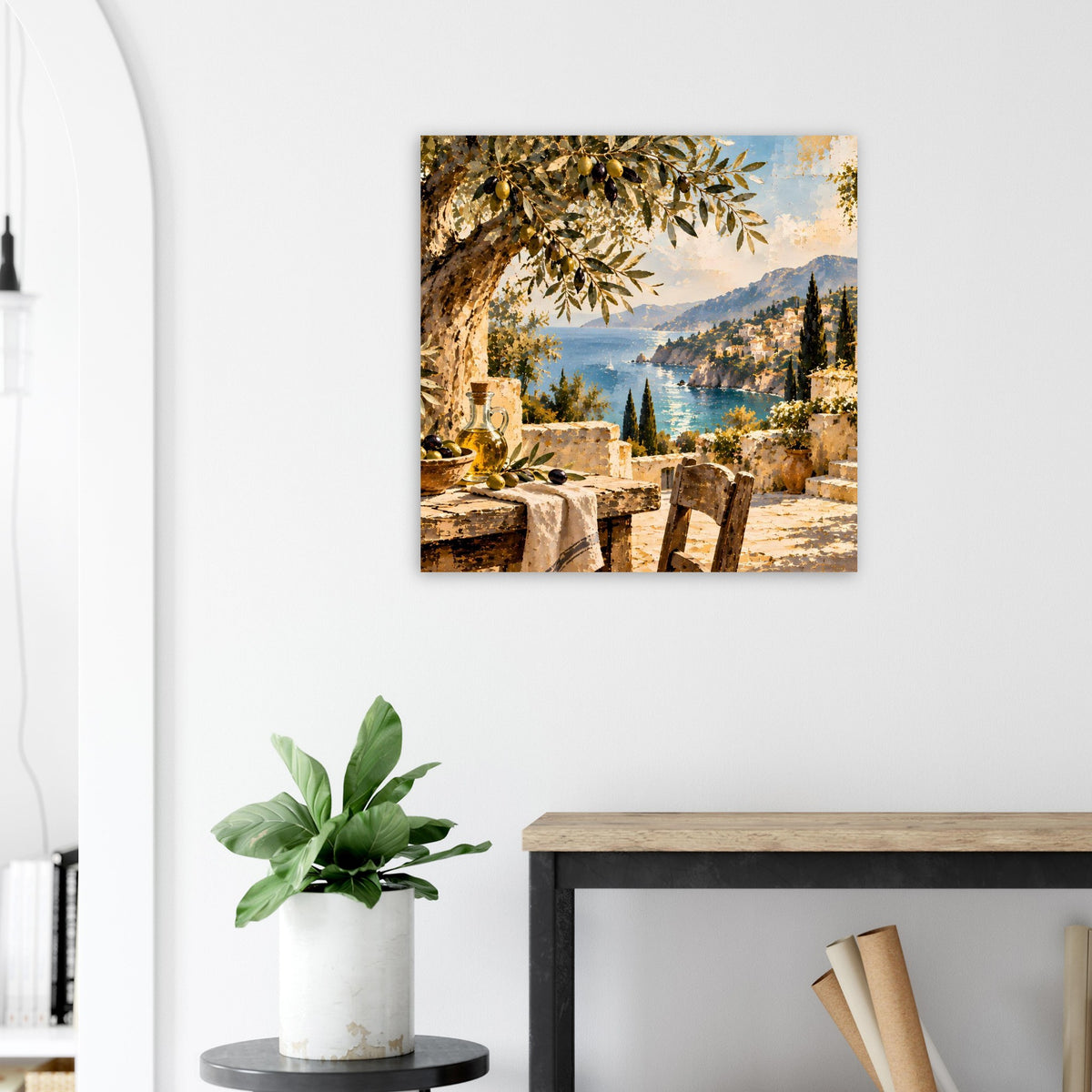 Quadratisches Poster auf mattem Papier: Felsige Terrasse am Meer, Palmen und Küstenbucht