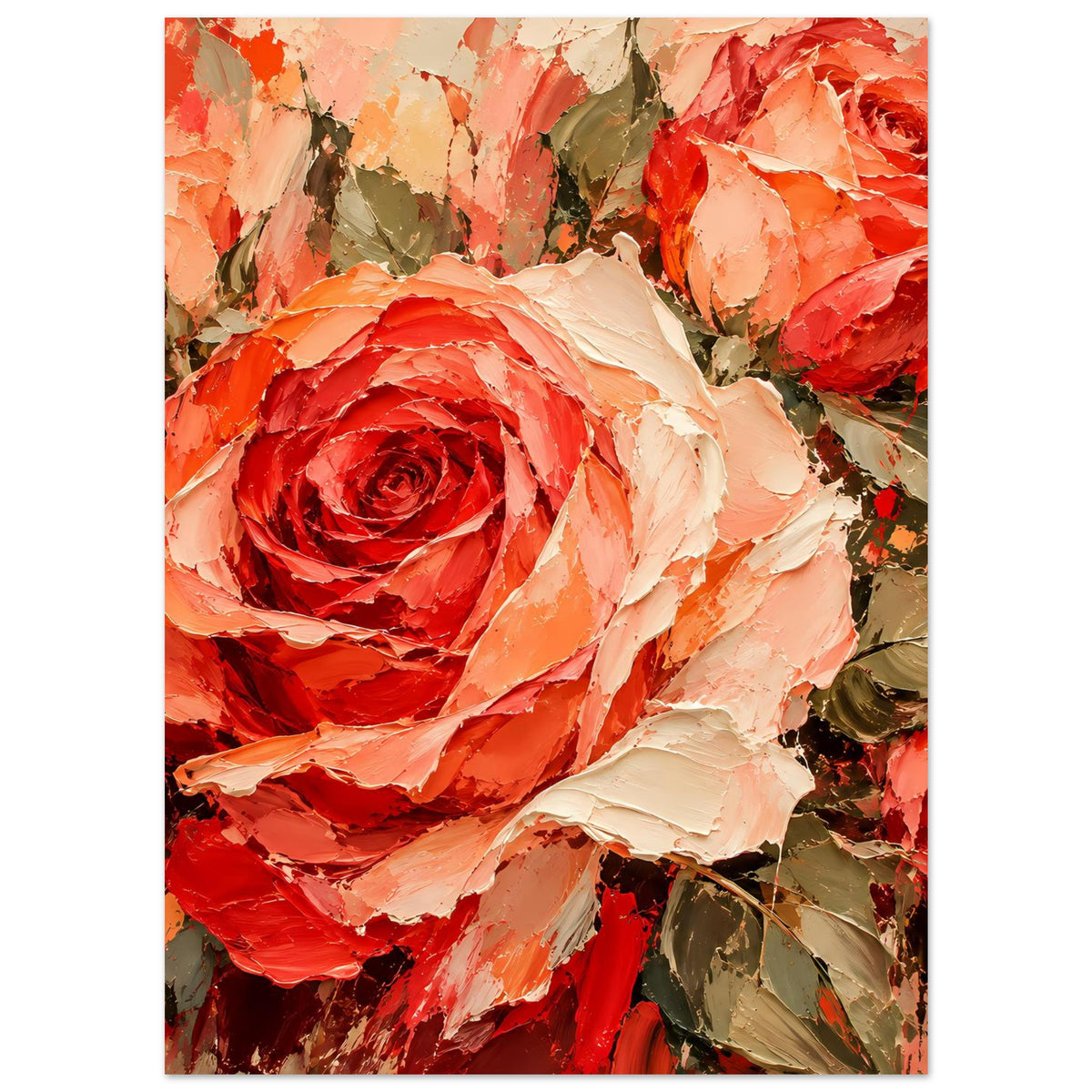 Blumenposter: strukturierte Rosenblüte in Dunkelrot, Orange und Beige, volle Ansicht