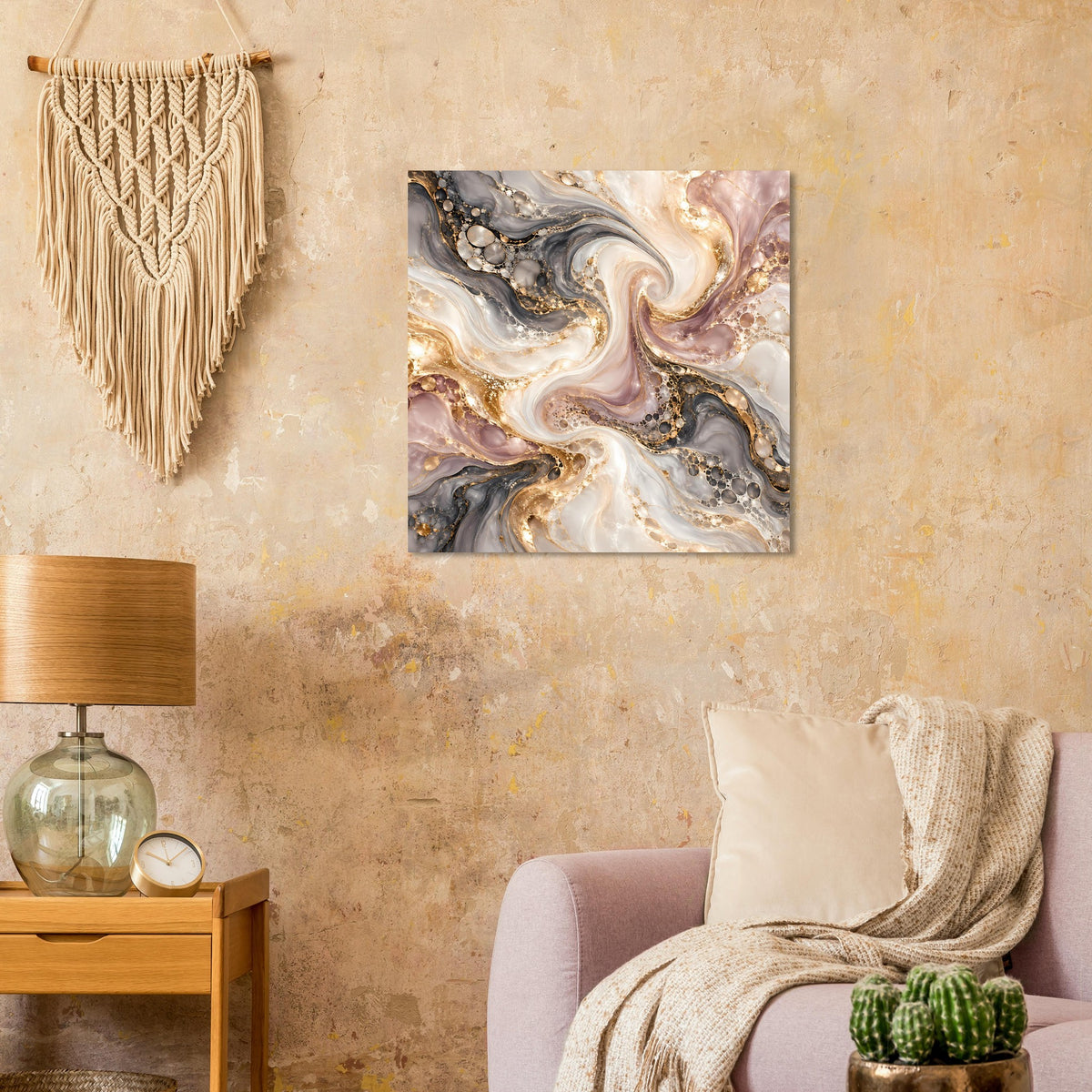 Quadratisches Marmor-Poster: abstrakte Wirbel in Creme, Grau, Violett und Gold
