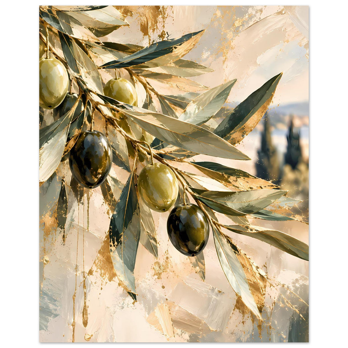 Hochformat-Poster mit Olivenzweigen, grün-goldenen Blättern und mehreren Oliven auf hellem Grund