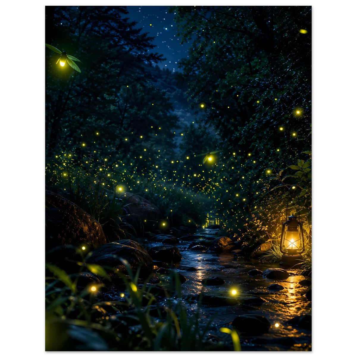 Nachtwald-Poster mit Glühwürmchen, Sternenhimmel, Waldweg und leuchtender Laterne