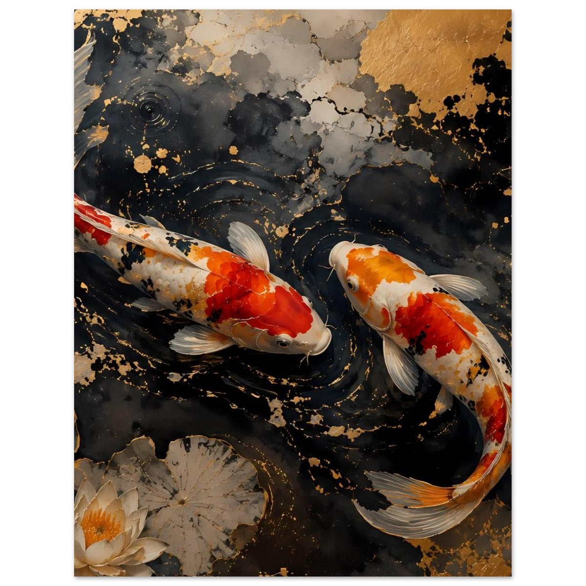 Poster mit zwei Koi-Fischen im dunklen Wasser, goldene Sprenkel und Seerosen