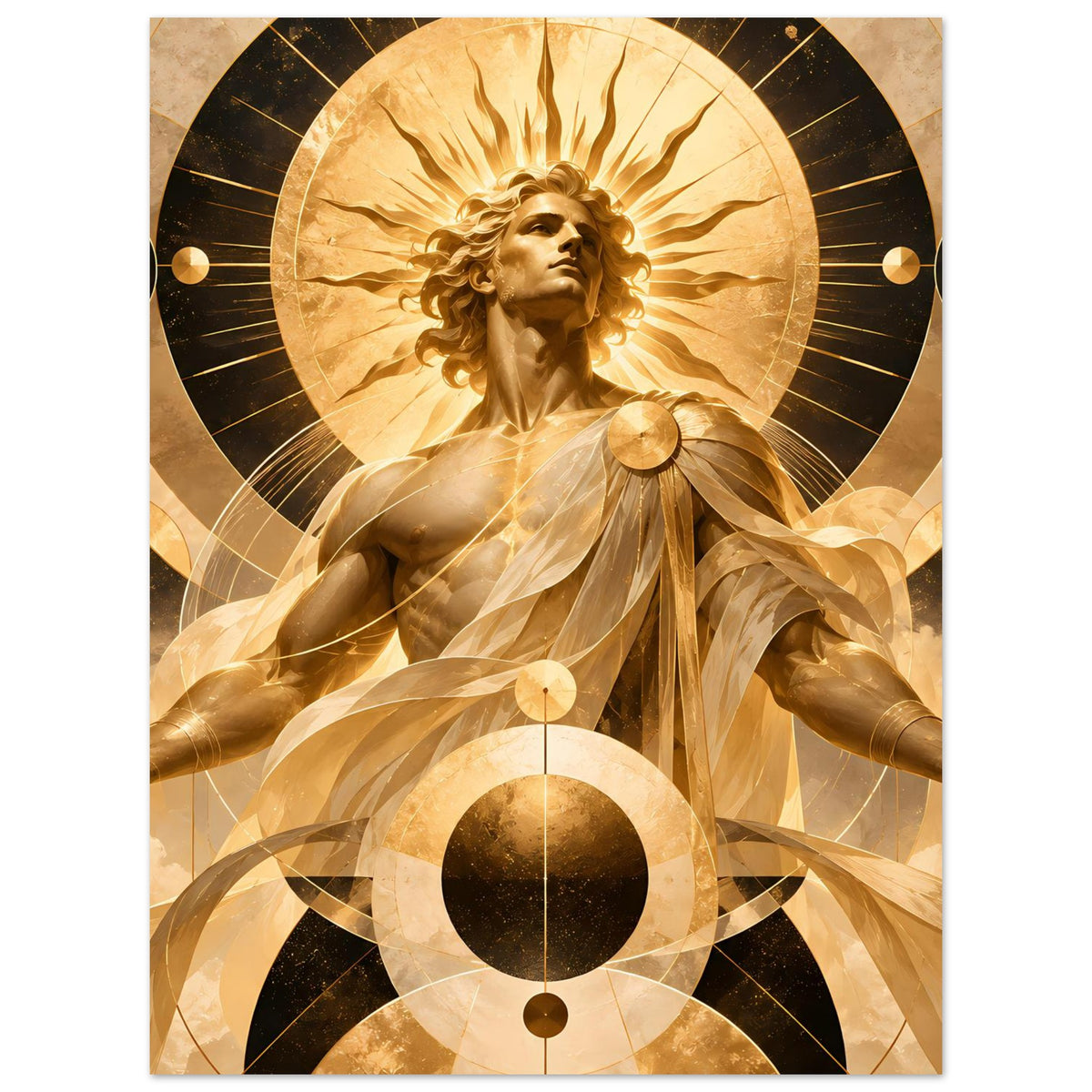 Poster im Hochformat: goldene Engel-Figur mit Strahlenkranz und Kreisen