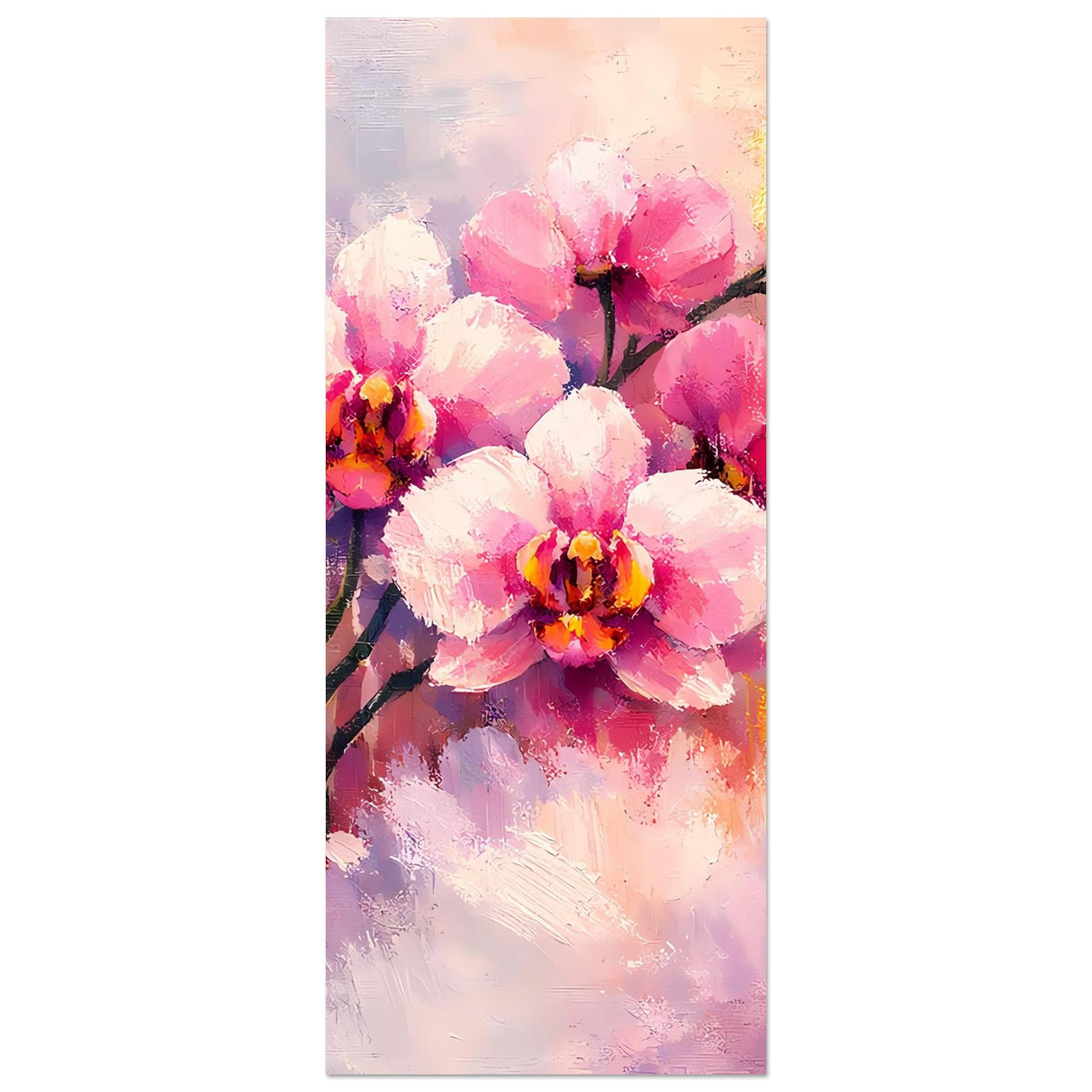 Hochkant-Poster mit rosa Orchideenblüten und weißen Blütenblättern, mit goldenen Akzenten