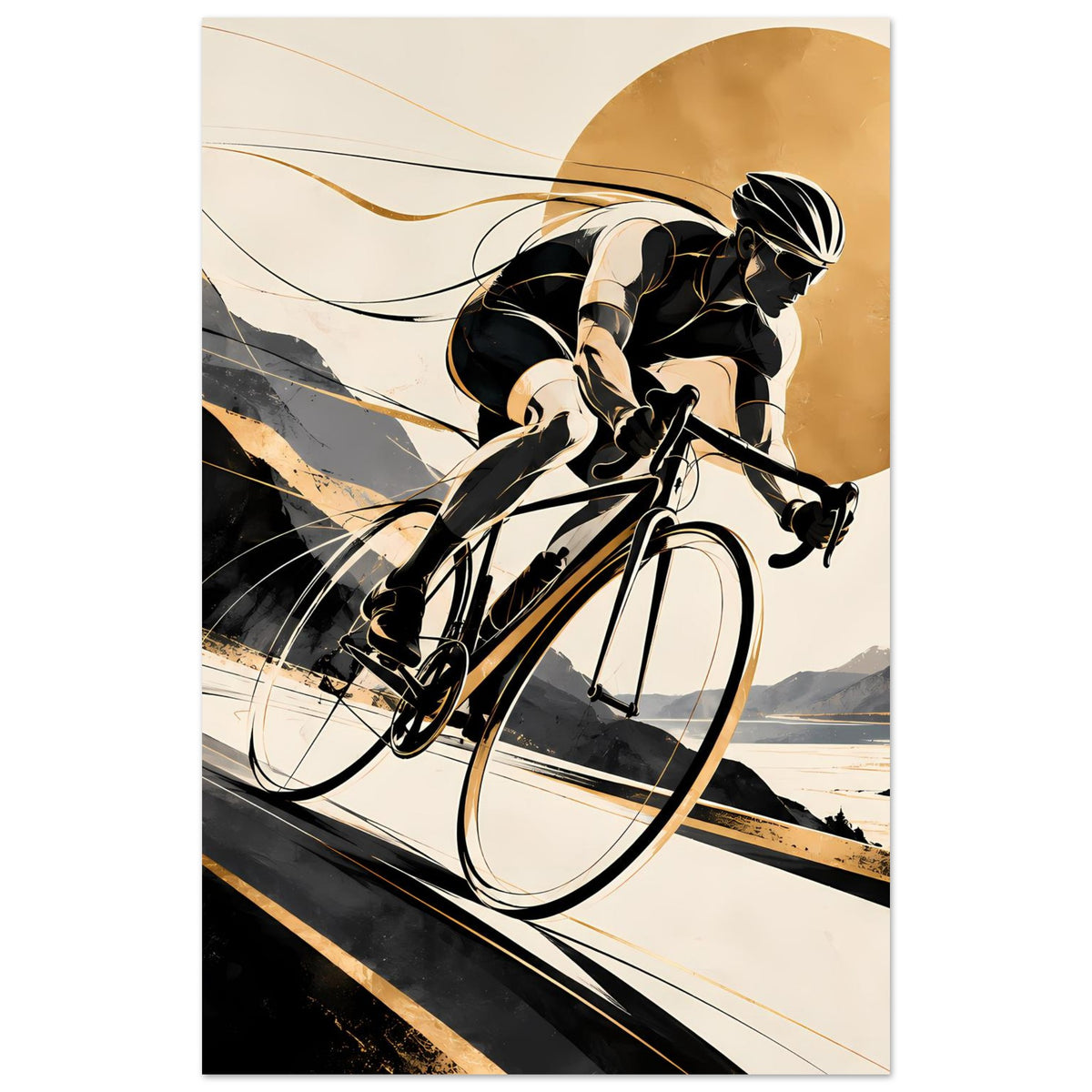 Hochformat-Sportposter: Radfahrer in Schwarz und Gold auf Fahrrad mit Liniengrafik