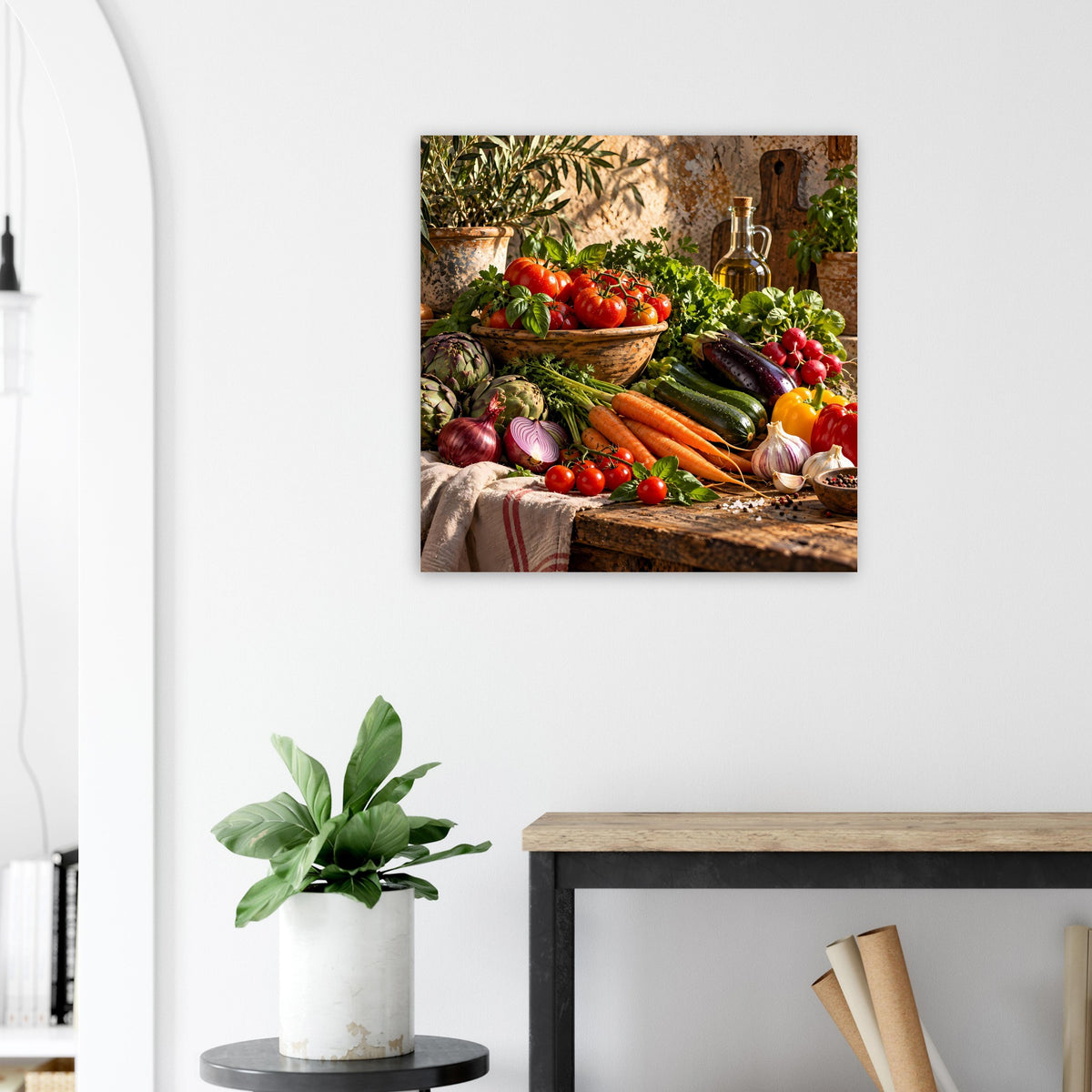 Küchenposter mit Gemüseauswahl und Flasche im Hintergrund, quadratischer Druck