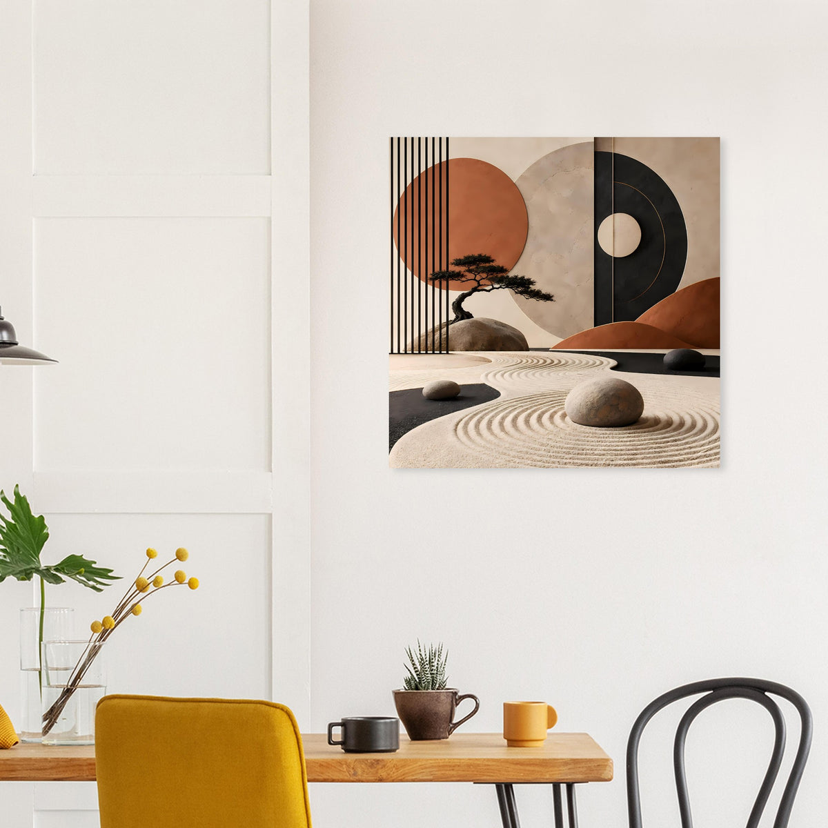 Quadratisches abstraktes Wandposter mit Schallplatte, Baum-Silhouette und Felsringen