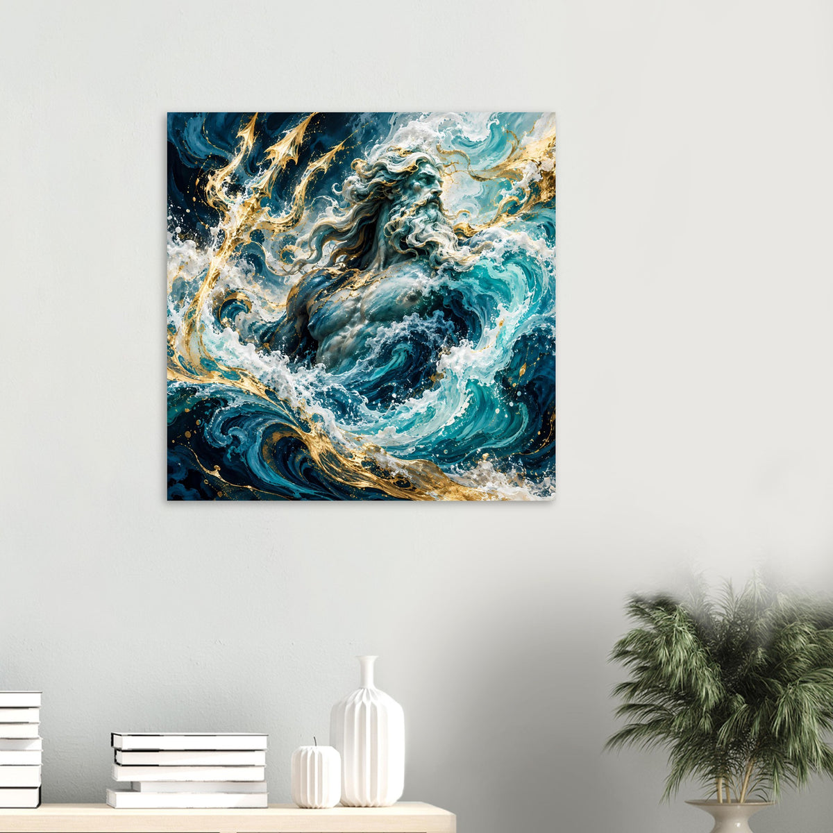 Wandposter im Hochformat: Meeresgott in türkisblauem Wasser, goldene Akzente und Schaumkrone