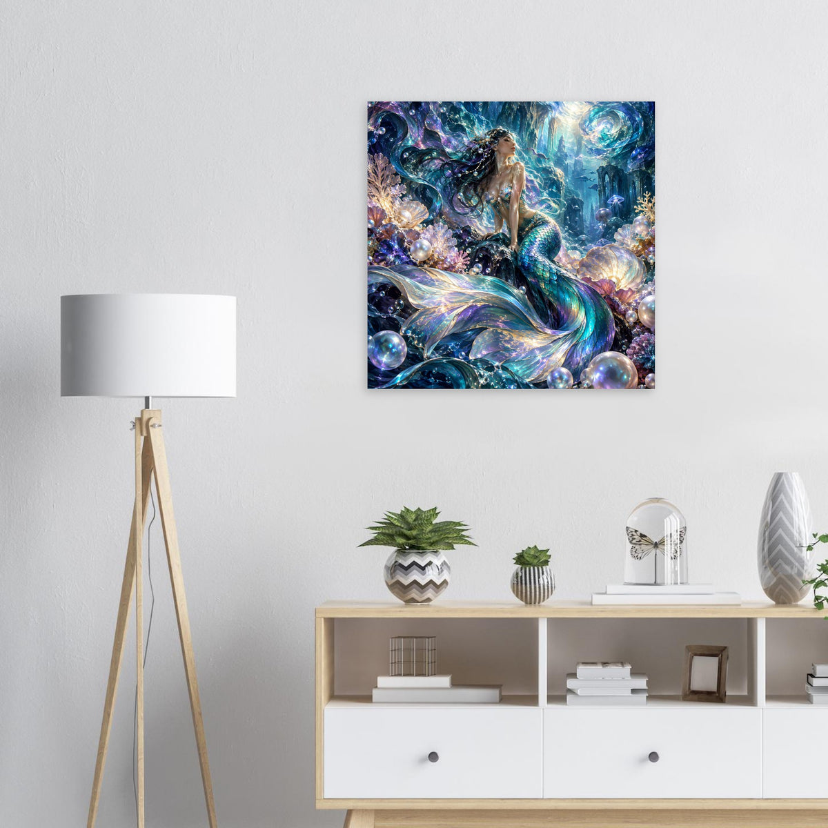 Quadratisches Fantasy-Meerjungfrau-Poster: Meerjungfrau zwischen Perlen und Korallen im Blau