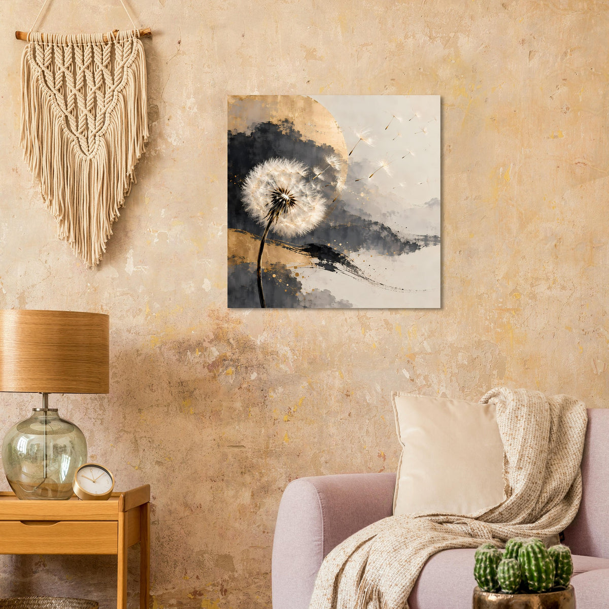 Quadratisches Kunstposter mit Pusteblume, goldenen Akzenten, grauen Wolken und dunklem Halm