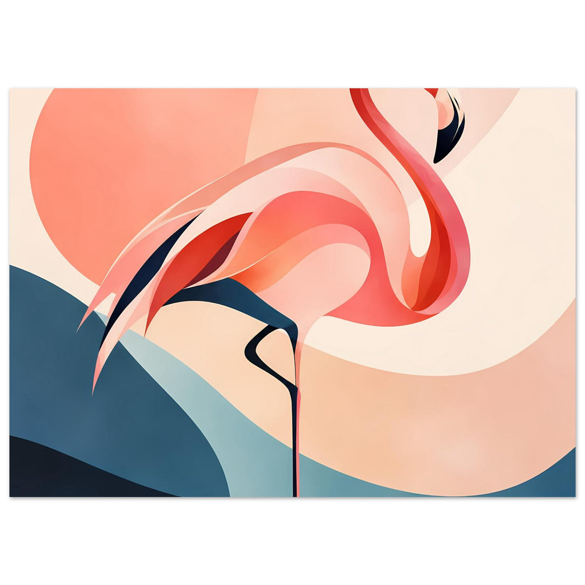 Abstrakter Flamingo-Sonnenuntergang Kunstdruck: roter Flamingo im Detail, Blau und Beige.
