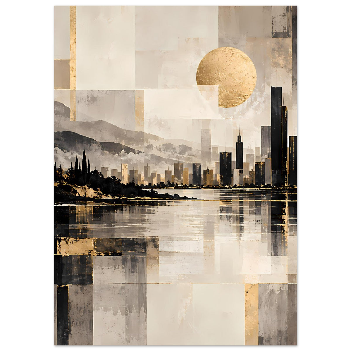 Hochformat-Poster mit goldener Sonne, dunkler Skyline und reflektierender Wasseroberfläche