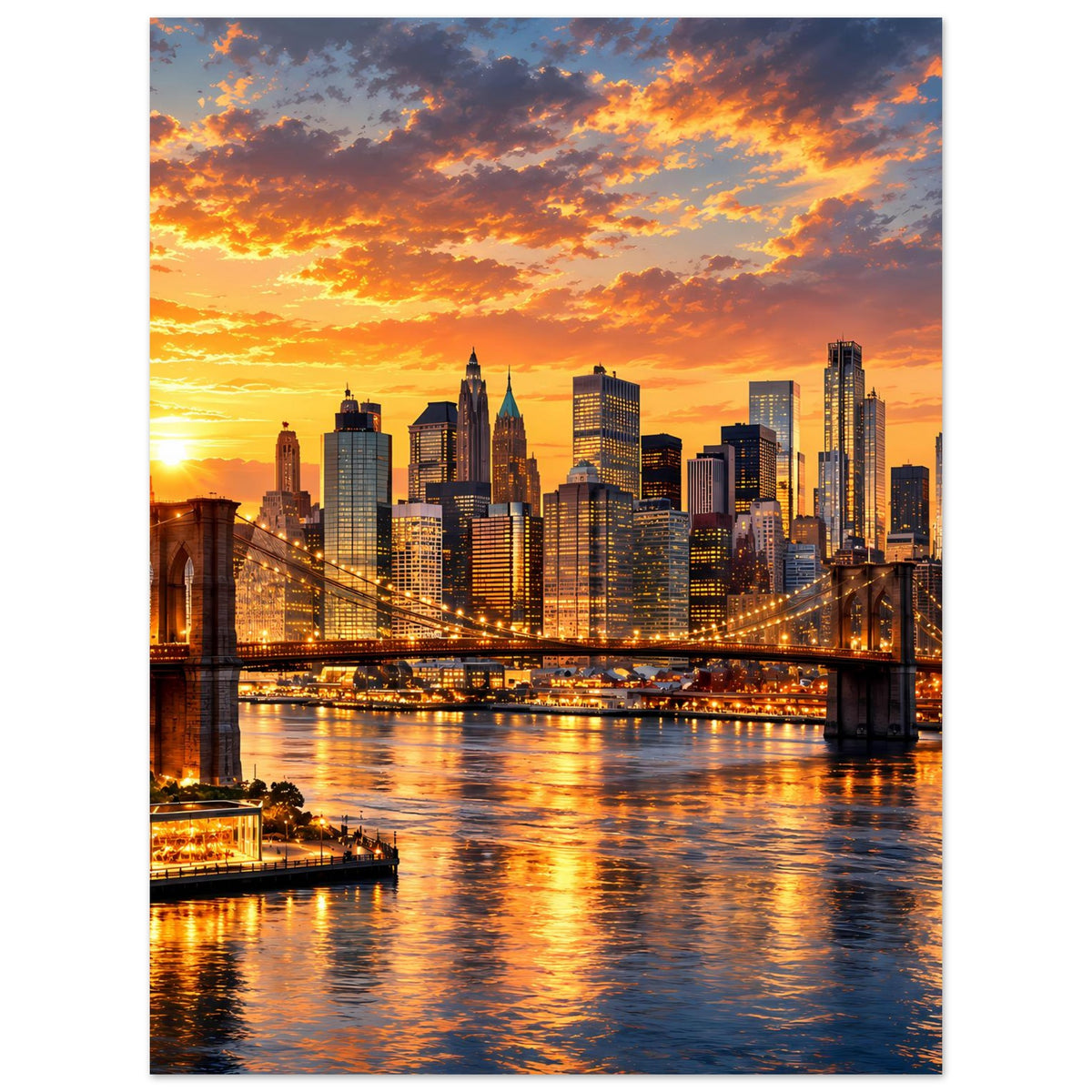 Poster mit New-York-City-Skyline im Sonnenuntergang, beleuchtete Gebäude und Fluss