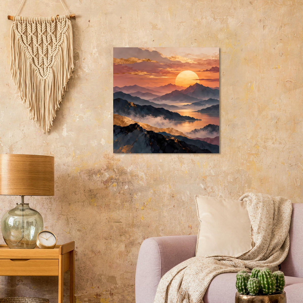 Quadratisches Poster mit Sonnenuntergang über mehrschichtigen Bergen und rundem Sonnenball.