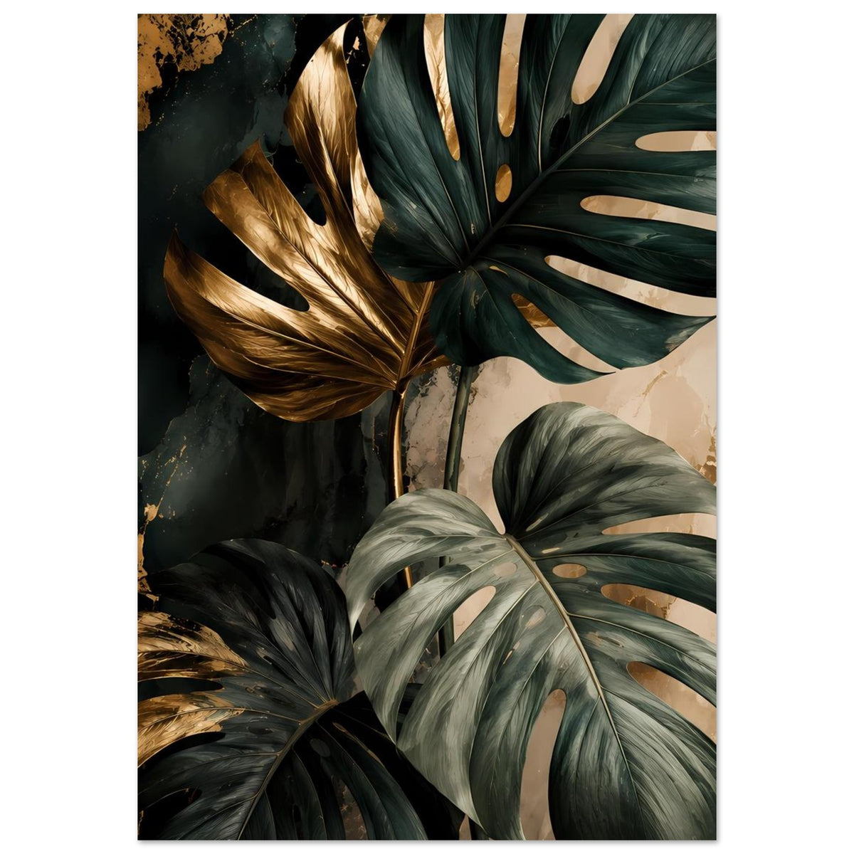 Poster: große Monstera-Blätter in Dunkelgrün mit edlen Goldakzenten und hellem Akzentfeld.