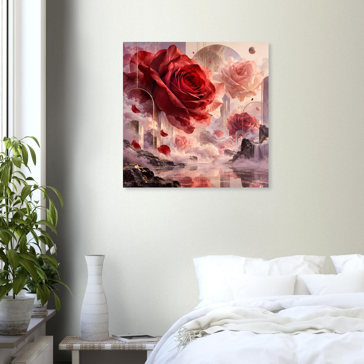 Quadratisches Poster mit roten Rosenblüten über Landschaft in rosaroten Farbtönen