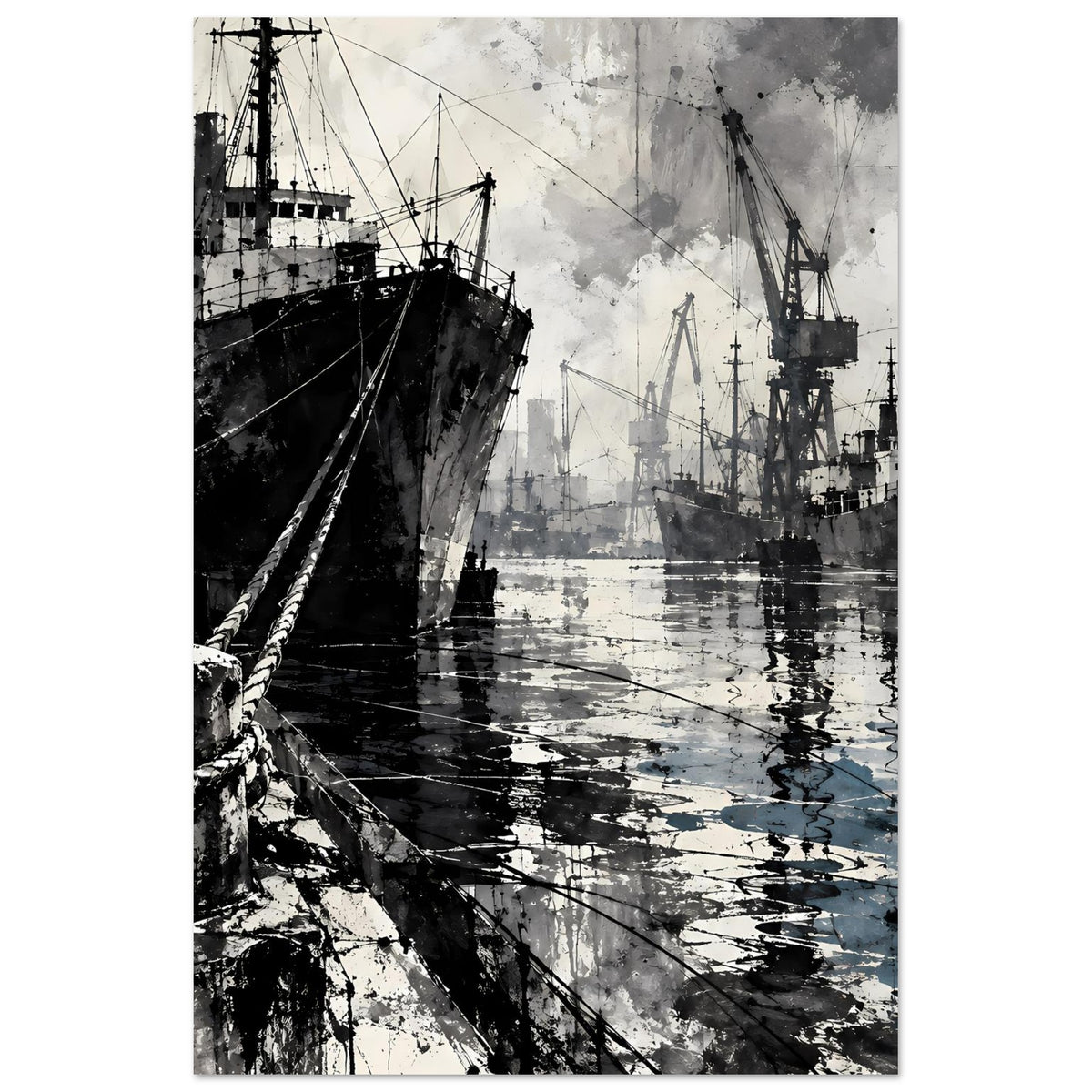 Hafenposter im Hochformat: Frachtschiff und Hafenkräne, Reflexionen im Wasser, schwarz-weiß