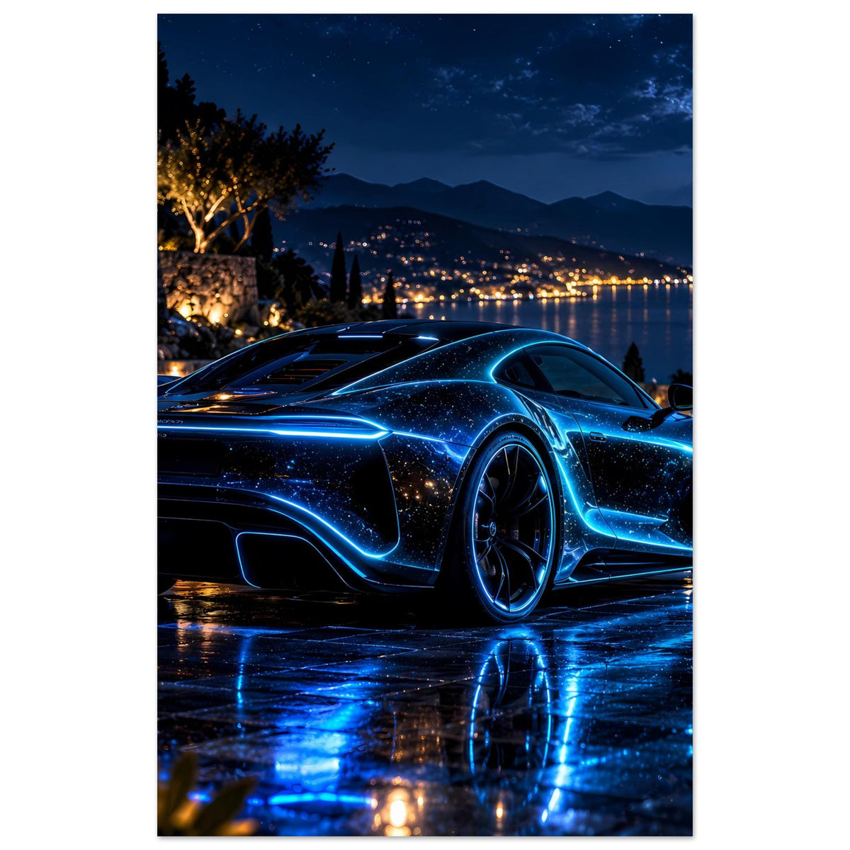 Hochformat-Poster mit blau leuchtendem Sportwagen, Reflexionen auf nasser Straße