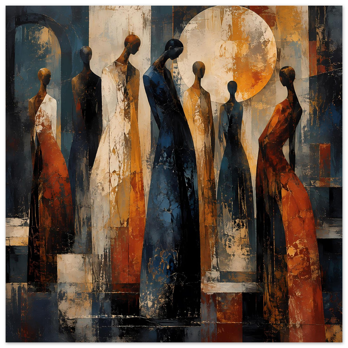 Wandposter mit abstrakten stehenden Figuren in Orange, Blau und Dunkelbraun