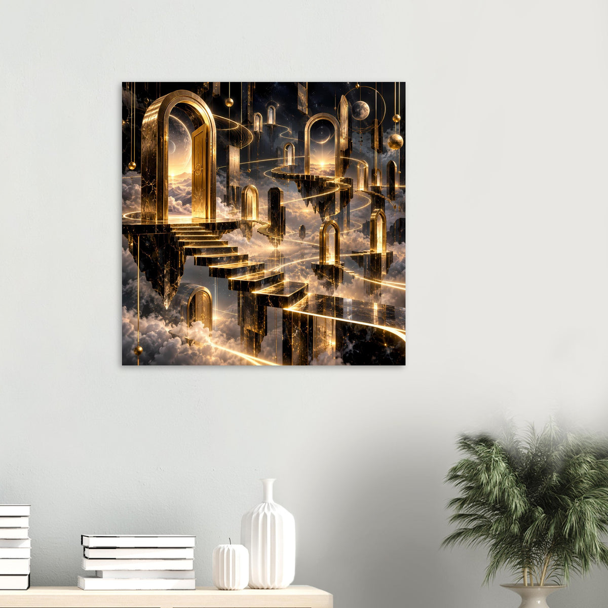 Poster mit goldenen Bogenportalen, Treppe und leuchtenden Linien vor dunklem Himmel