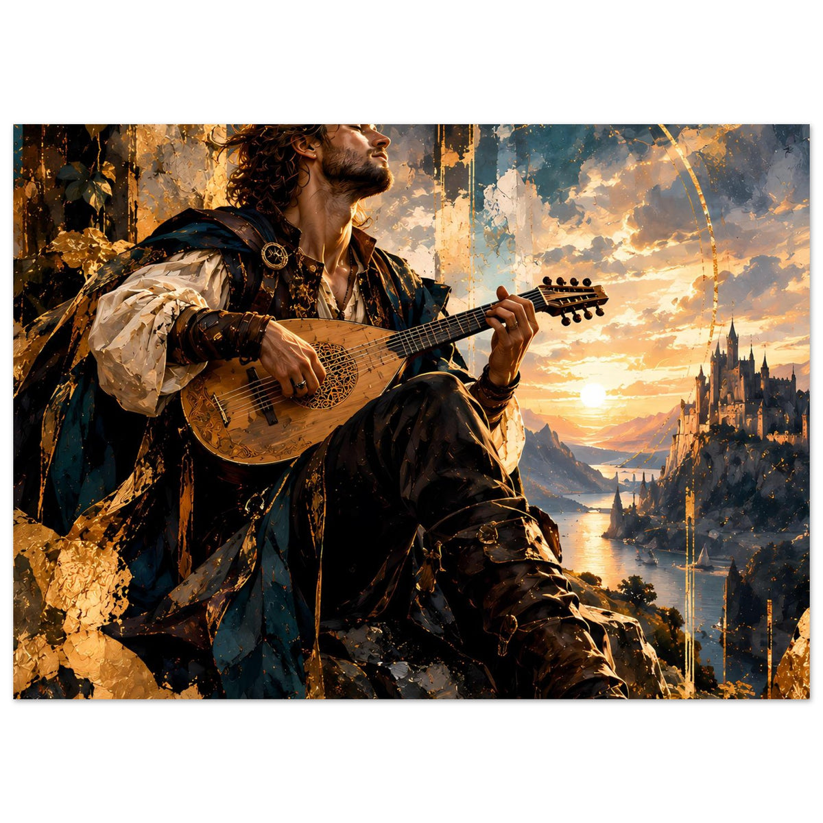 Fantasy-Poster mit Barde, der Gitarre spielt; Sonnenuntergang und Burganlage