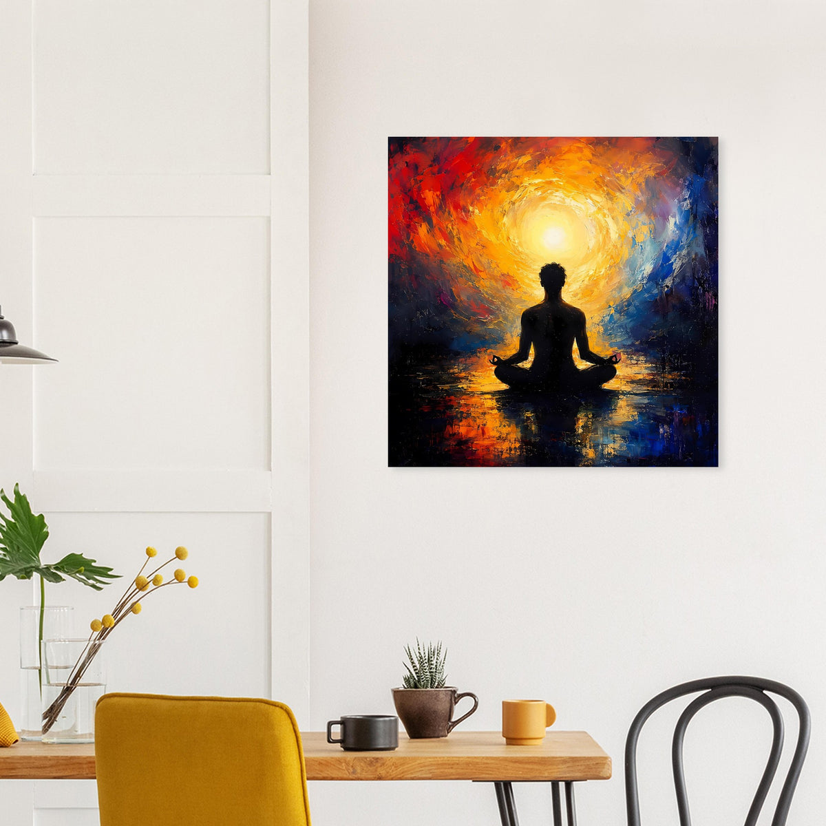 Abstraktes Zen-Poster: leuchtender Mittelpunkt, ruhende Silhouette mit Spiegelung