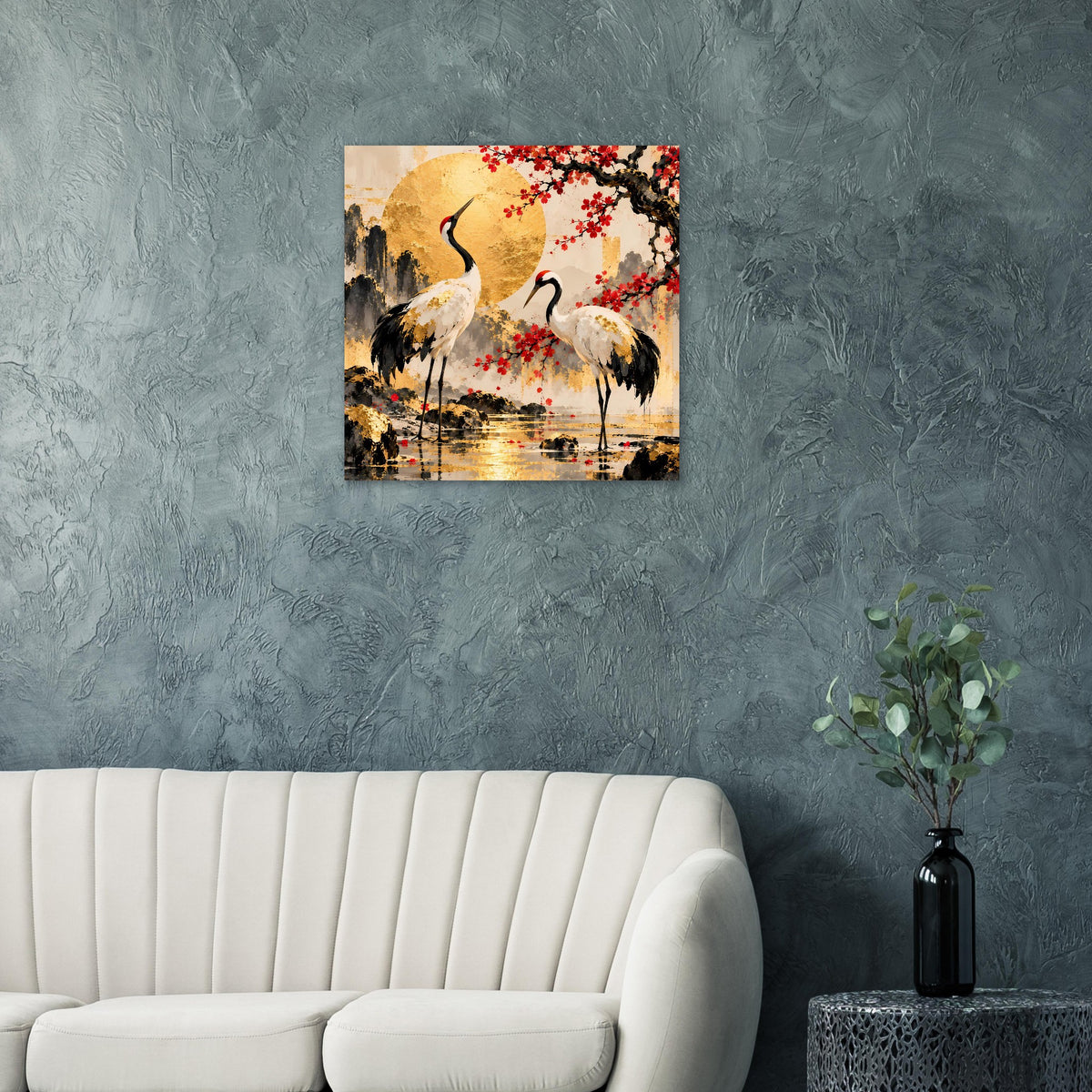 Quadratisches Poster mit zwei Kranichen, Kirschblüten und goldener runder Sonne