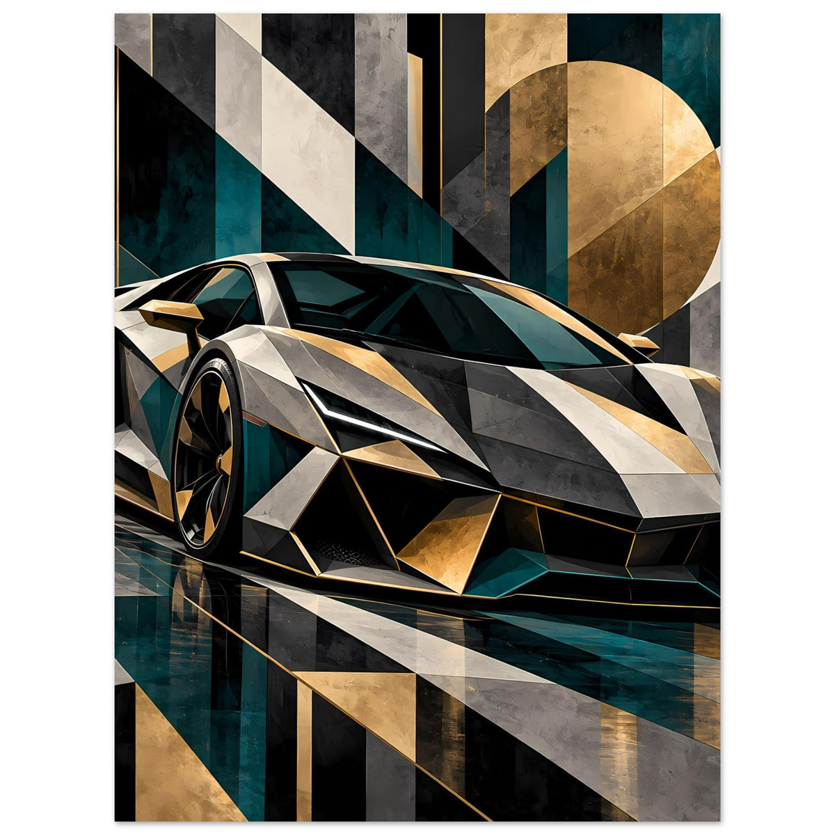 Autoposter mit silber-schwarzem Sportwagen in 3/4-Frontansicht, goldene und petrolfarbene Details